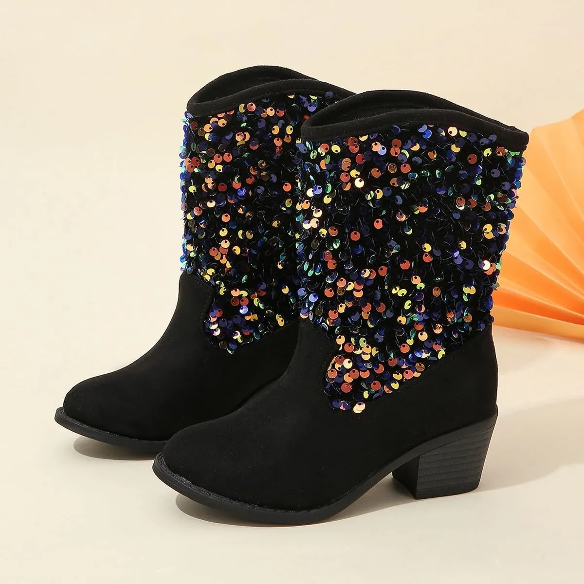 Sparkly Girls Boots Glitter Sequins Pointed Toes Low Heel Mid Calf Zipper Lightweight Comfy Birthday Dress Shoes