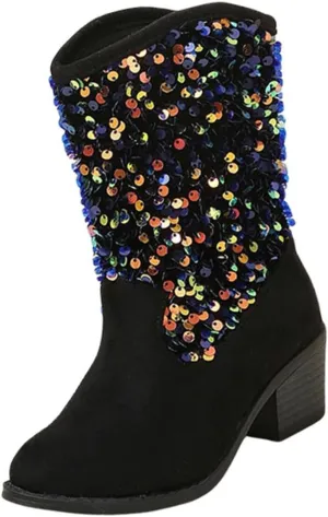 Sparkly Girls Boots Glitter Sequins Pointed Toes Low Heel Mid Calf Zipper Lightweight Comfy Birthday Dress Shoes