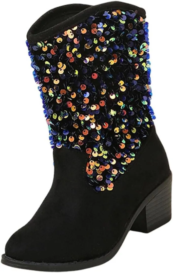 Sparkly Girls Boots Glitter Sequins Pointed Toes Low Heel Mid Calf Zipper Lightweight Comfy Birthday Dress Shoes