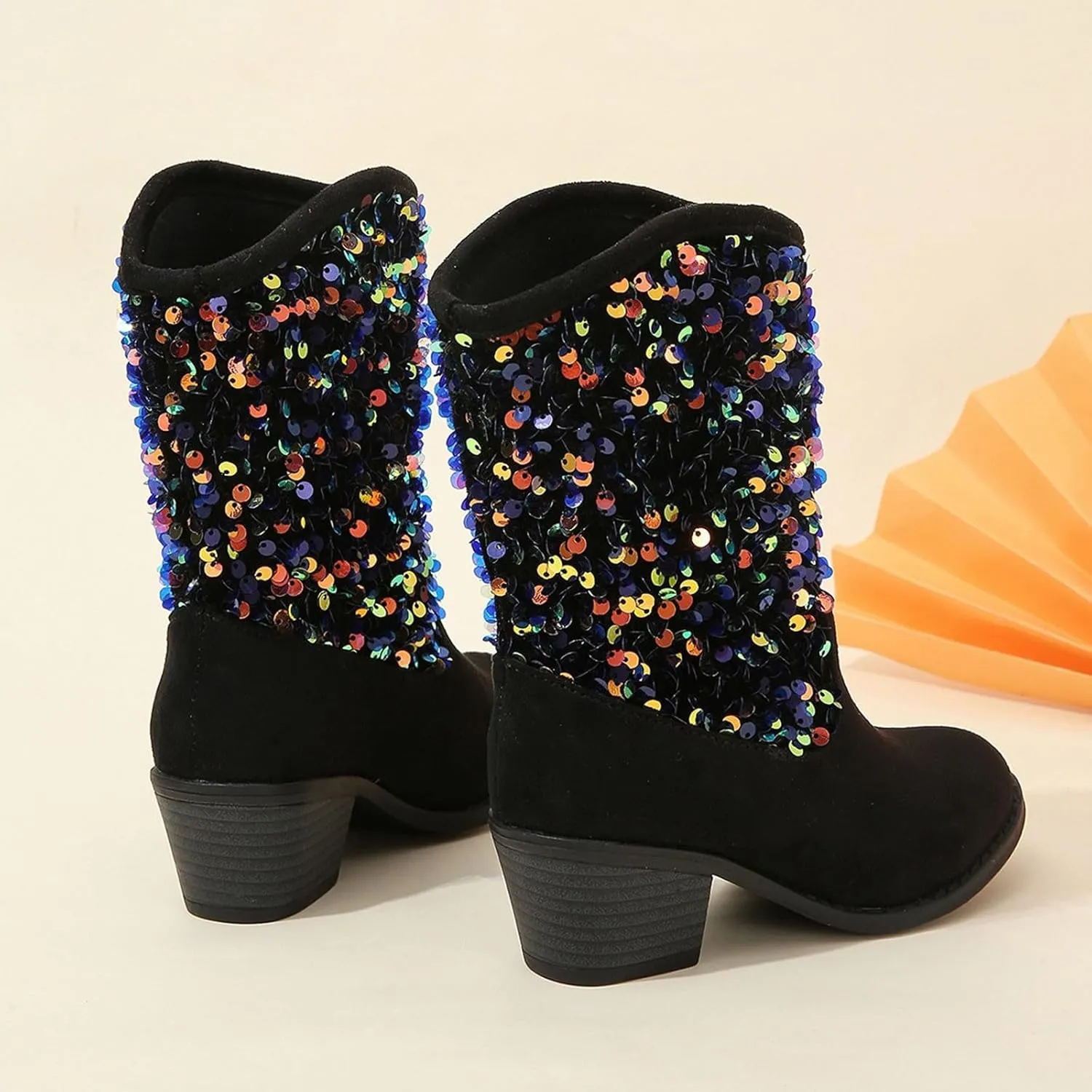 Sparkly Girls Boots Glitter Sequins Pointed Toes Low Heel Mid Calf Zipper Lightweight Comfy Birthday Dress Shoes