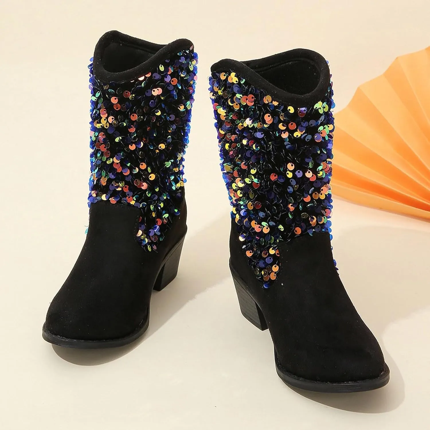 Sparkly Girls Boots Glitter Sequins Pointed Toes Low Heel Mid Calf Zipper Lightweight Comfy Birthday Dress Shoes