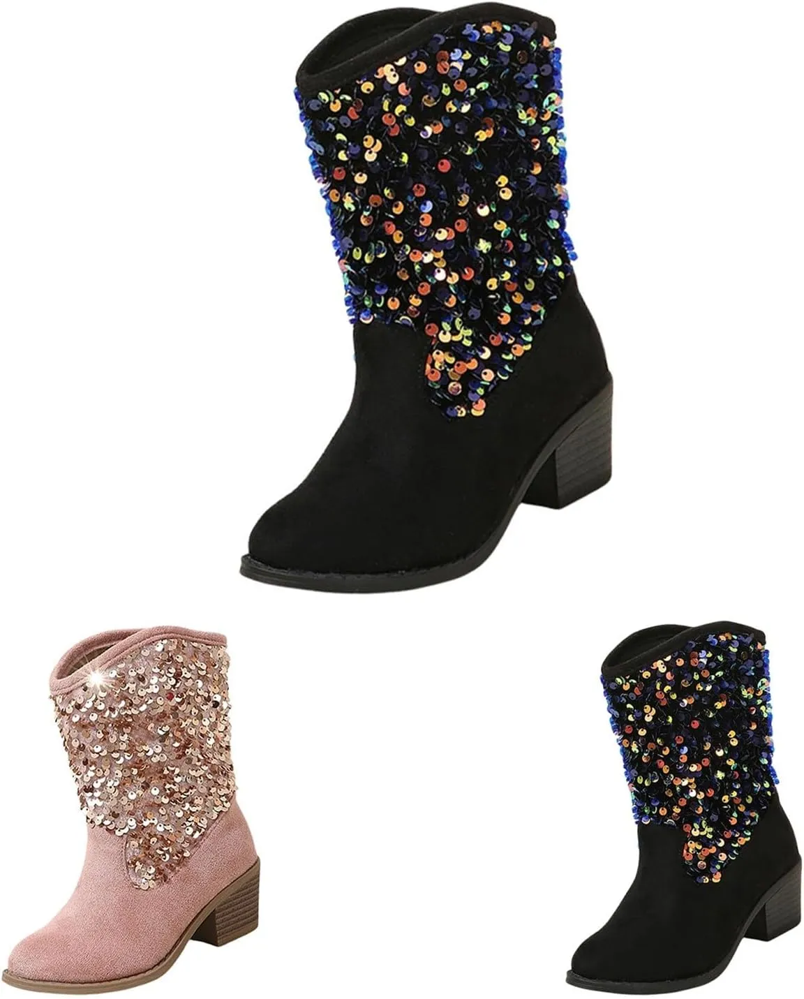 Sparkly Girls Boots Glitter Sequins Pointed Toes Low Heel Mid Calf Zipper Lightweight Comfy Dress Shoes for Girls