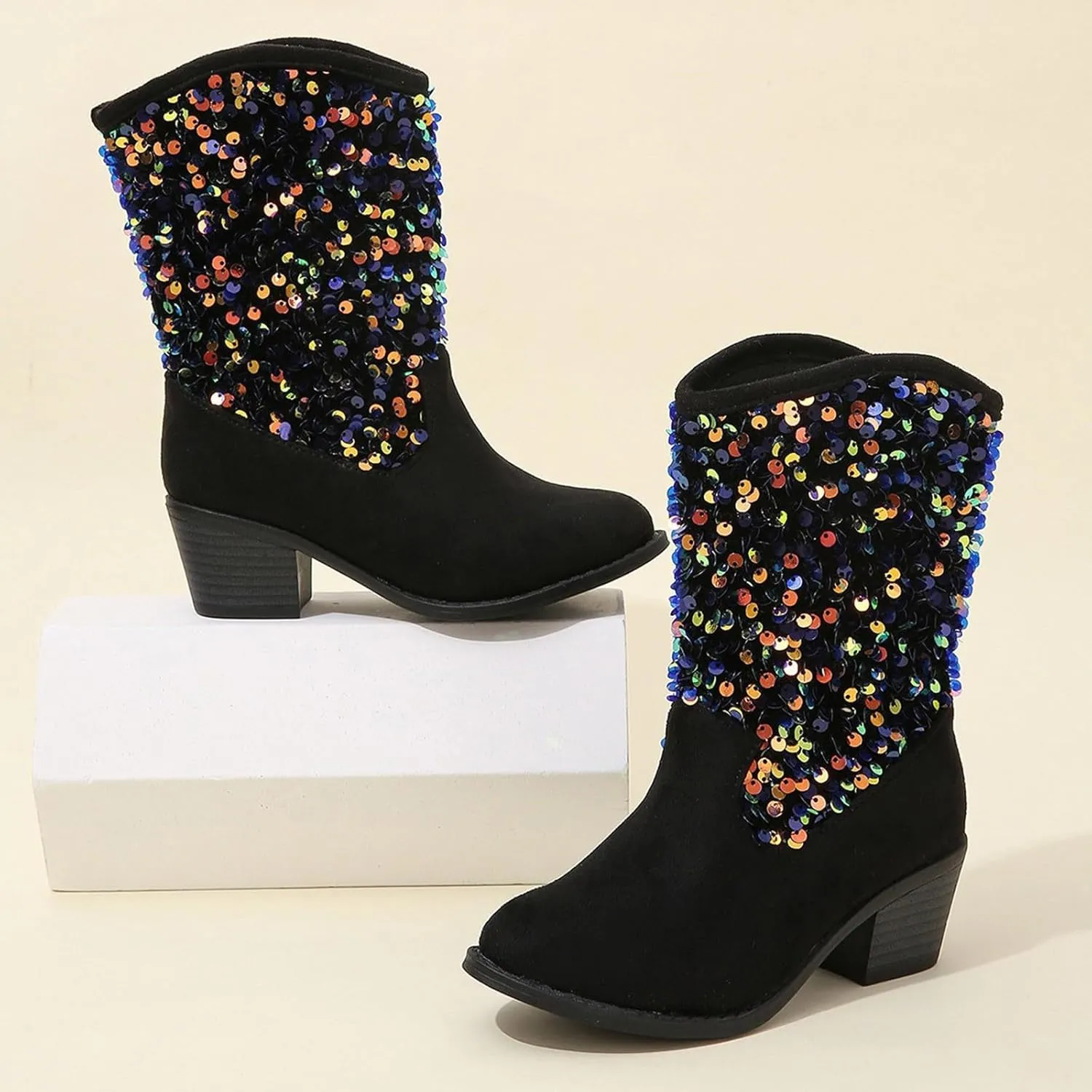 Sparkly Girls Boots Glitter Sequins Pointed Toes Low Heel Mid Calf Zipper Lightweight Comfy Dress Shoes for Girls