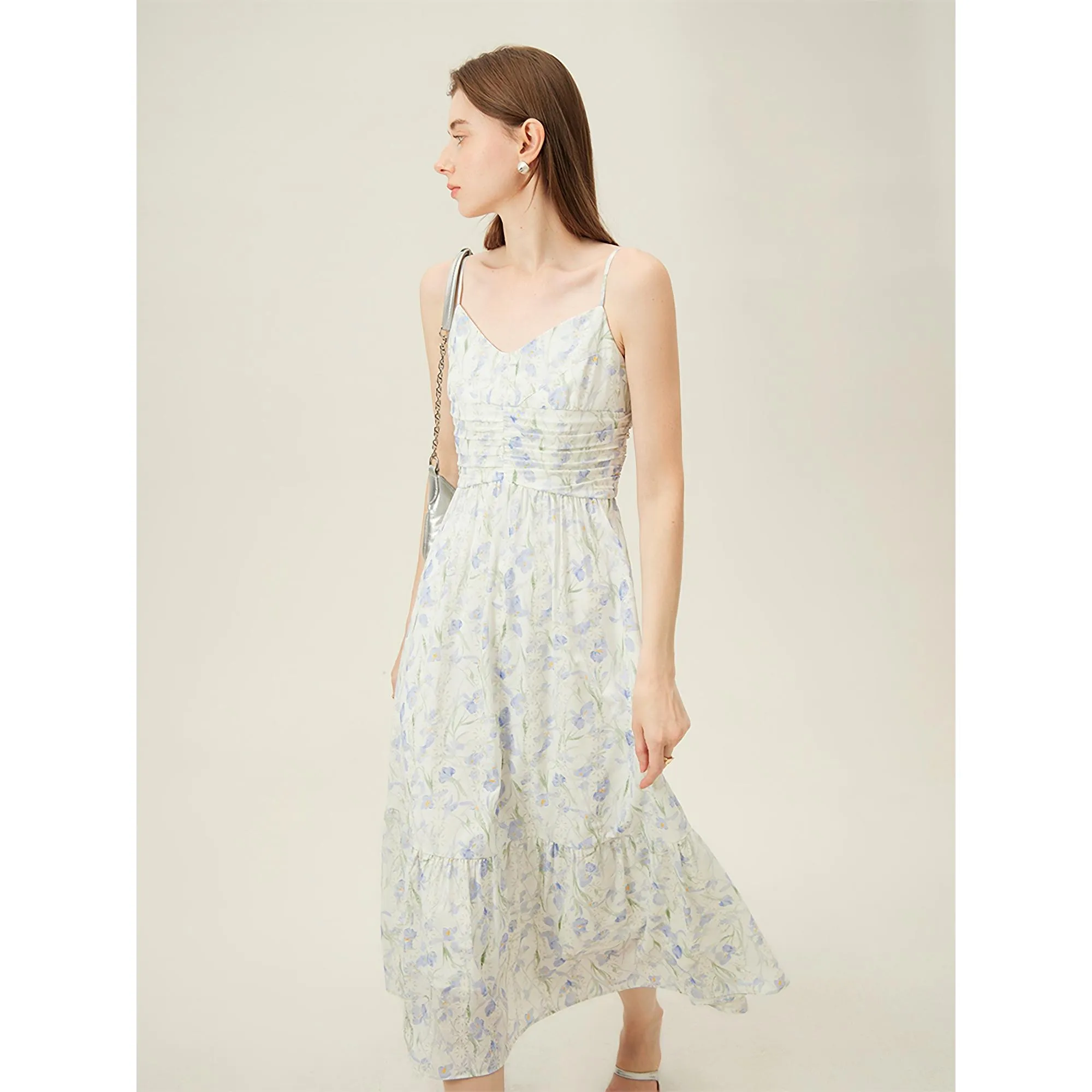 Summer Floral A-Line Midi Dress with Spaghetti Straps