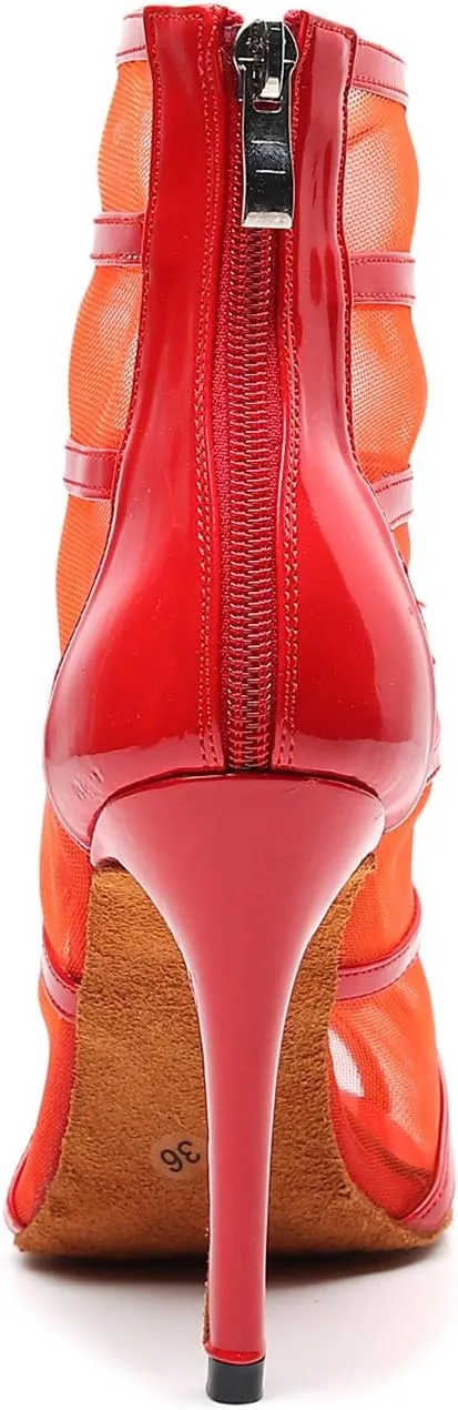 TDA Women's Stylish Stiletto Heel Zipper & Lace-up Glitter Print Mesh Synthetic Social Tango Prom Latin Dance Shoes Wedding Sandals Boots