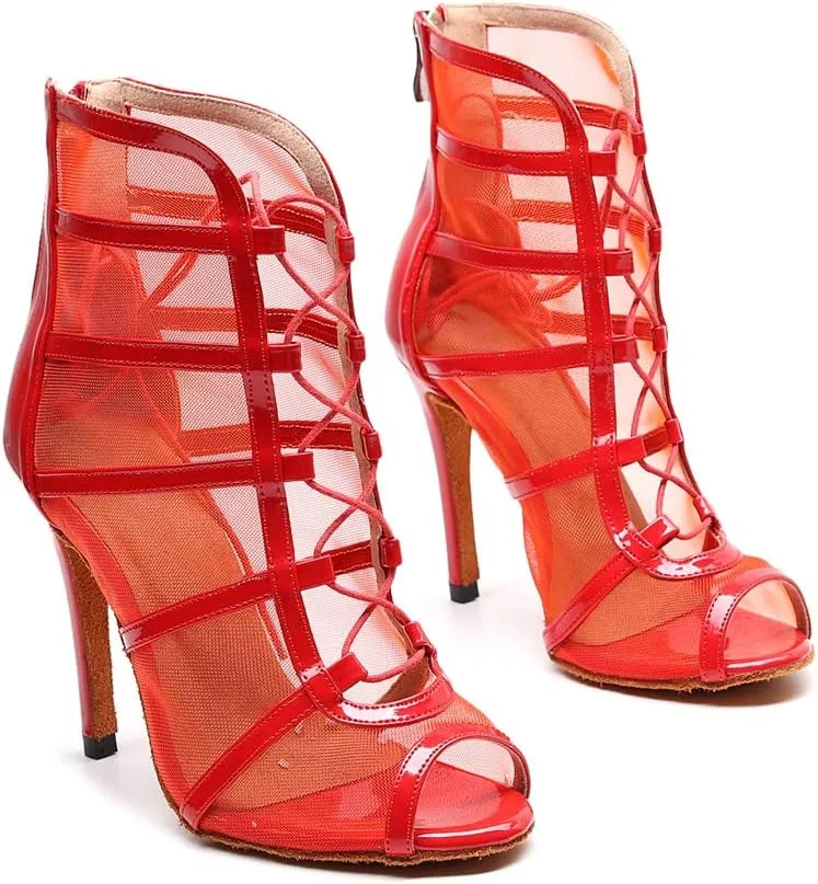 TDA Women's Stylish Stiletto Heel Zipper & Lace-up Glitter Print Mesh Synthetic Social Tango Prom Latin Dance Shoes Wedding Sandals Boots