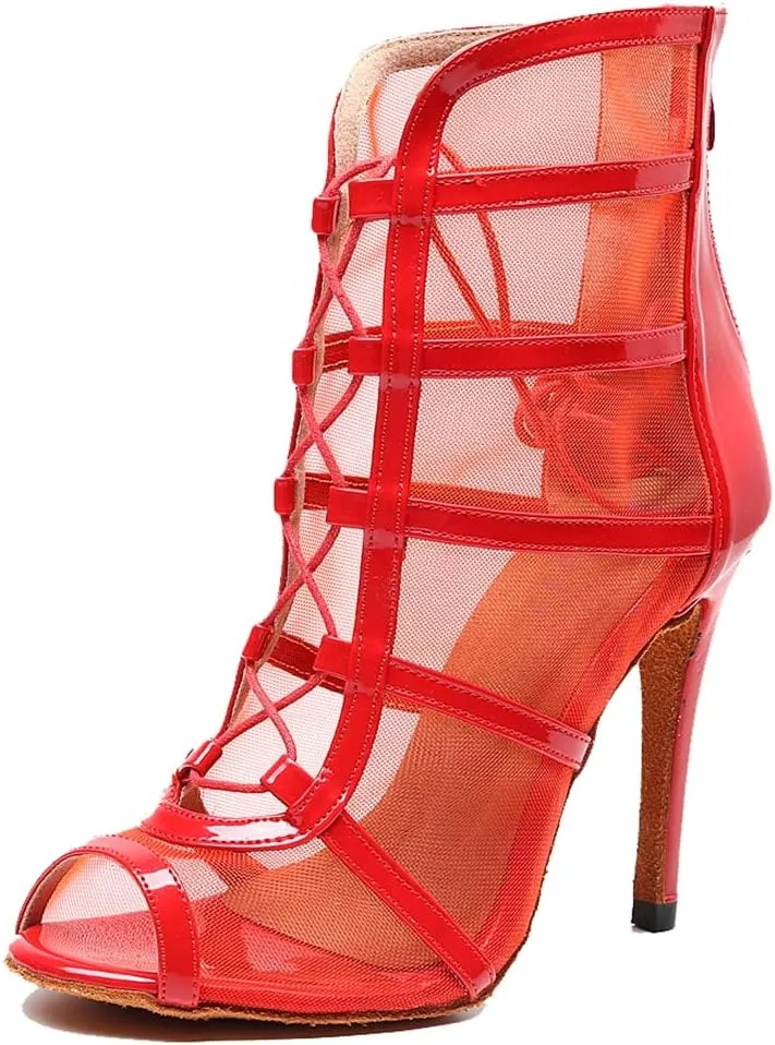 TDA Women's Stylish Stiletto Heel Zipper & Lace-up Glitter Print Mesh Synthetic Social Tango Prom Latin Dance Shoes Wedding Sandals Boots