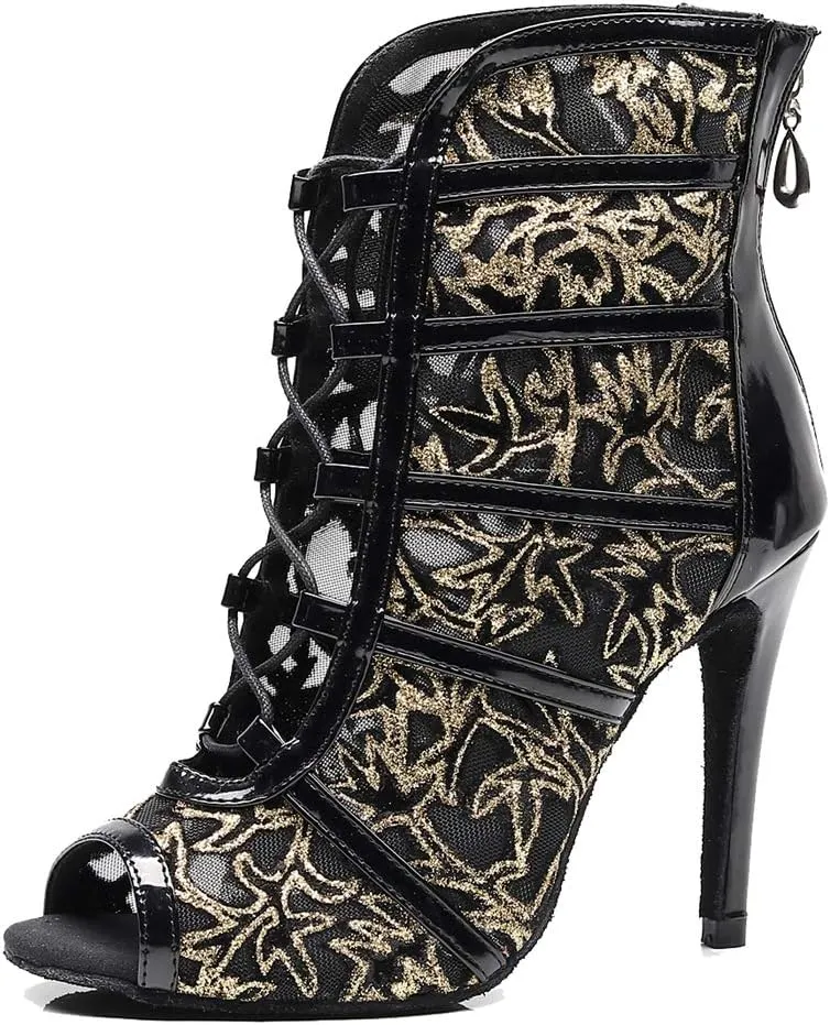 TDA Women's Stylish Stiletto Heel Zipper & Lace-up Glitter Print Mesh Synthetic Social Tango Prom Latin Dance Shoes Wedding Sandals Boots