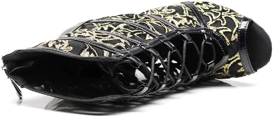 TDA Women's Stylish Stiletto Heel Zipper & Lace-up Glitter Print Mesh Synthetic Social Tango Prom Latin Dance Shoes Wedding Sandals Boots