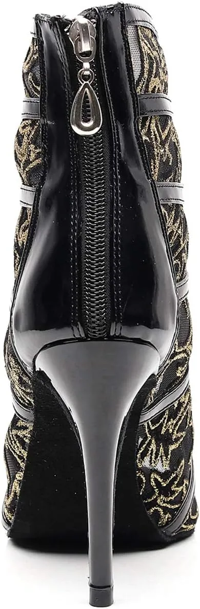 TDA Women's Stylish Stiletto Heel Zipper & Lace-up Glitter Print Mesh Synthetic Social Tango Prom Latin Dance Shoes Wedding Sandals Boots