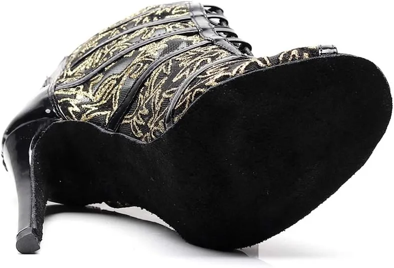 TDA Women's Stylish Stiletto Heel Zipper & Lace-up Glitter Print Mesh Synthetic Social Tango Prom Latin Dance Shoes Wedding Sandals Boots