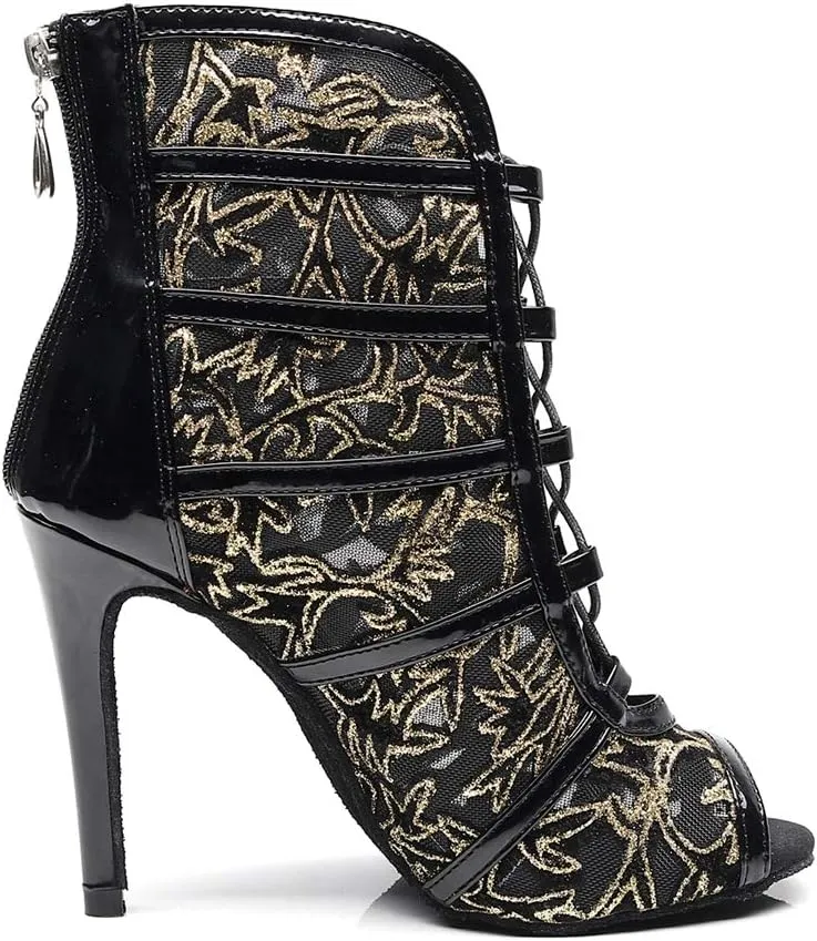 TDA Women's Stylish Stiletto Heel Zipper & Lace-up Glitter Print Mesh Synthetic Social Tango Prom Latin Dance Shoes Wedding Sandals Boots