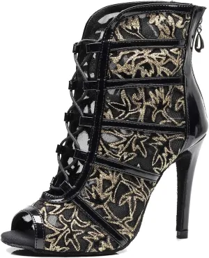 TDA Women's Stylish Stiletto Heel Zipper & Lace-up Glitter Print Mesh Synthetic Social Tango Prom Latin Dance Shoes Wedding Sandals Boots
