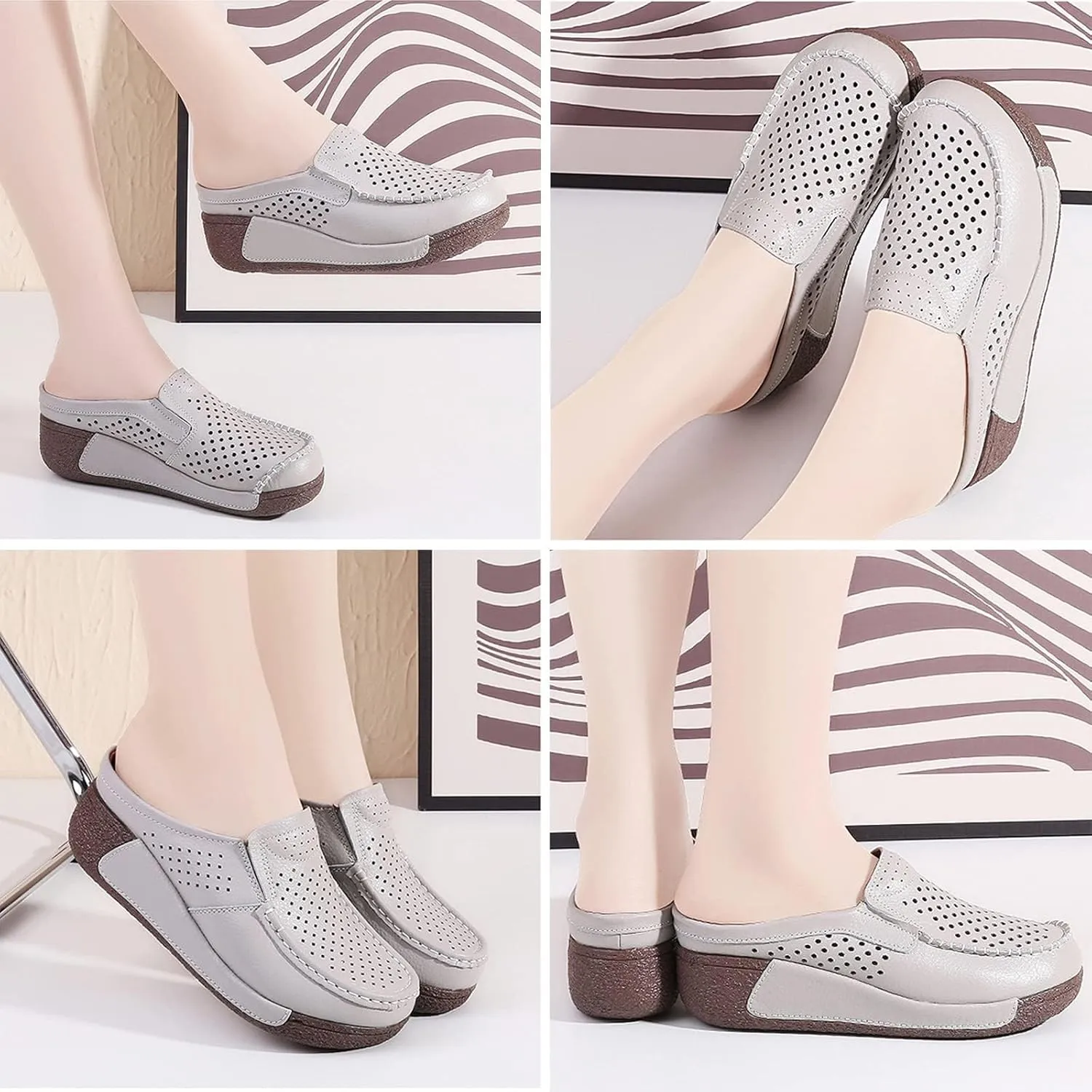 UGOSELEC Women Leather Breathable Slip On Mules,Casual Hollow Out Non-Slip Arch Support Slip On Clogs and Mules Work Shoes Sandals