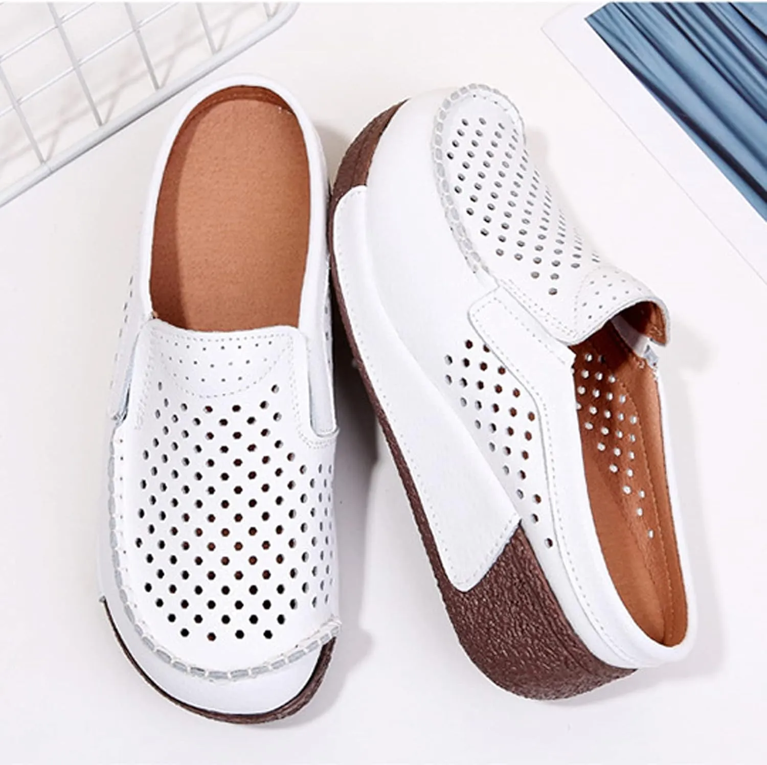 UGOSELEC Women Leather Breathable Slip On Mules,Casual Hollow Out Non-Slip Arch Support Slip On Clogs and Mules Work Shoes Sandals
