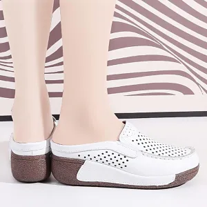 UGOSELEC Women Leather Breathable Slip On Mules,Casual Hollow Out Non-Slip Arch Support Slip On Clogs and Mules Work Shoes Sandals
