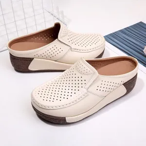 UGOSELEC Women Leather Breathable Slip On Mules,Casual Hollow Out Non-Slip Arch Support Slip On Clogs and Mules Work Shoes Sandals