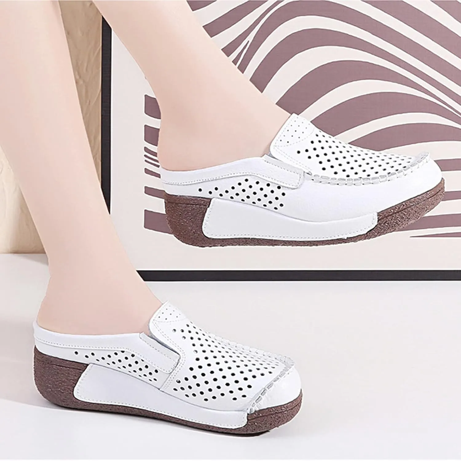 UGOSELEC Women Leather Breathable Slip On Mules,Casual Hollow Out Non-Slip Arch Support Slip On Clogs and Mules Work Shoes Sandals
