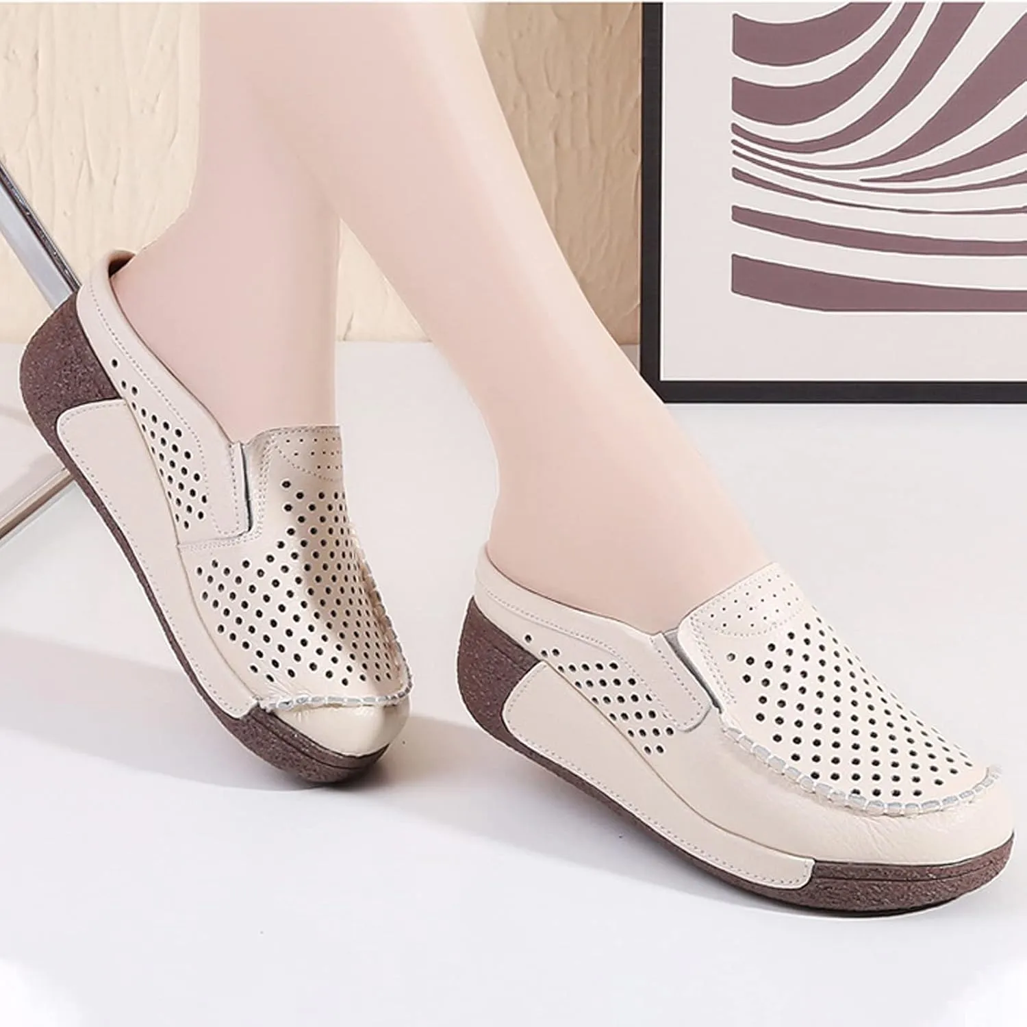 UGOSELEC Women Leather Breathable Slip On Mules,Casual Hollow Out Non-Slip Arch Support Slip On Clogs and Mules Work Shoes Sandals