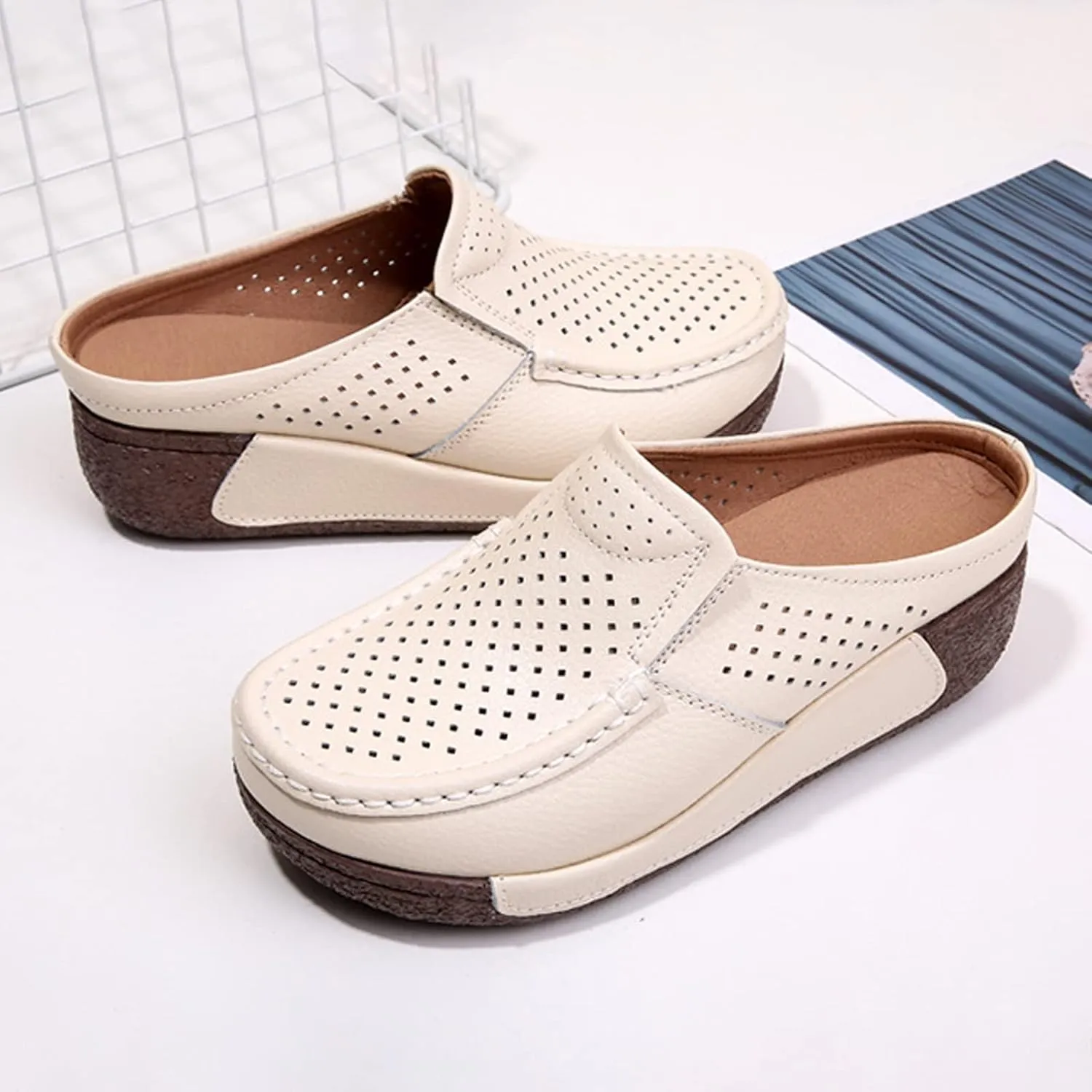UGOSELEC Women Leather Breathable Slip On Mules,Casual Hollow Out Non-Slip Arch Support Slip On Clogs and Mules Work Shoes Sandals