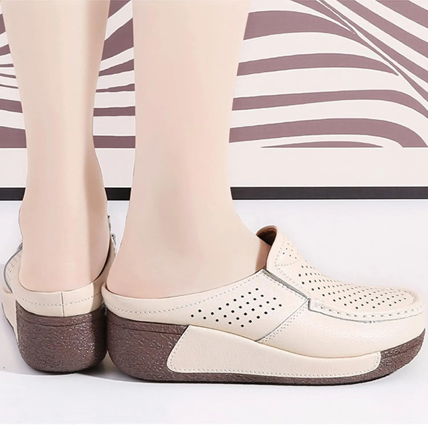UGOSELEC Women Leather Breathable Slip On Mules,Casual Hollow Out Non-Slip Arch Support Slip On Clogs and Mules Work Shoes Sandals