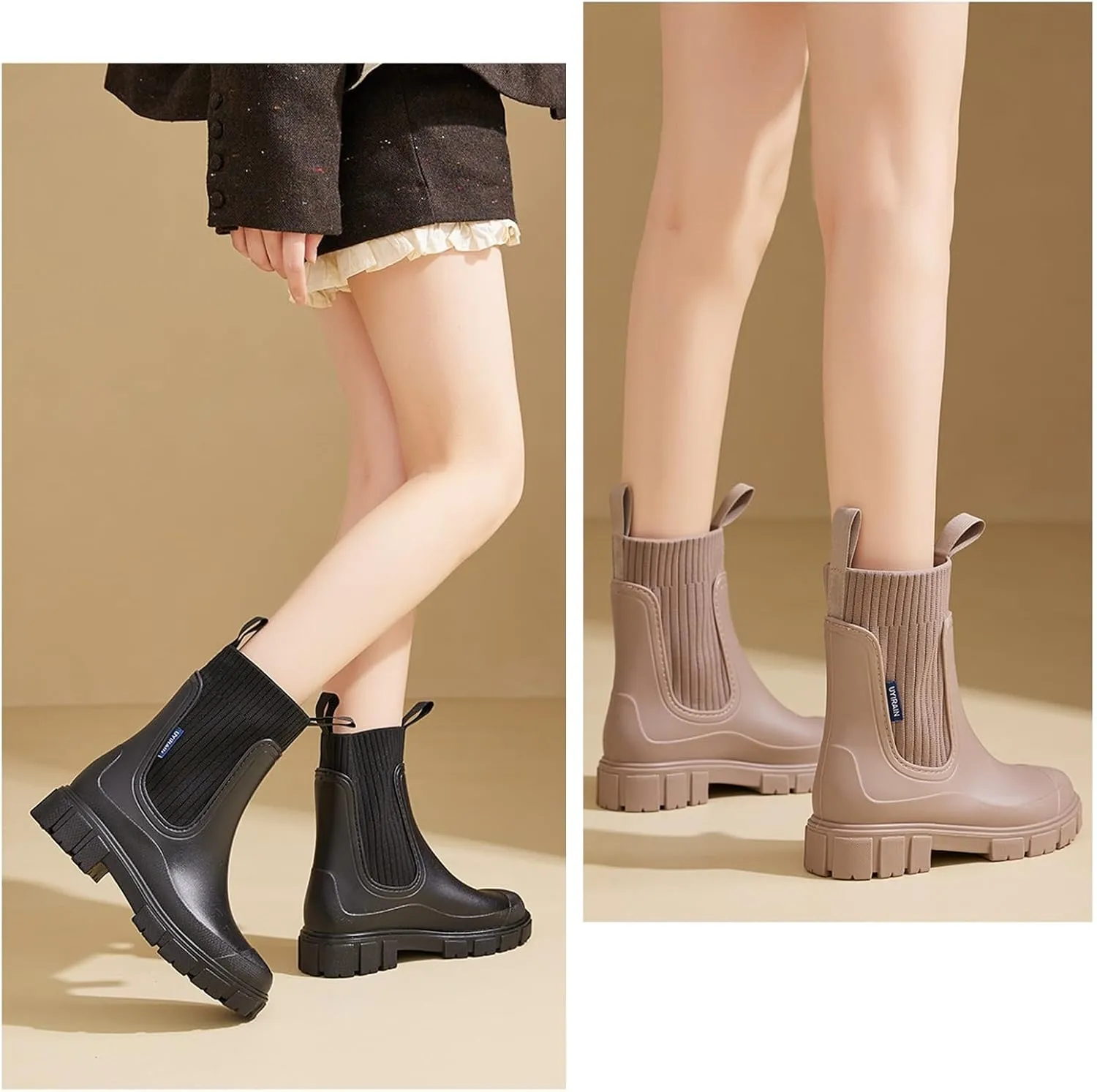 Waterproof Non-Slip Thick Sole Mid-Calf Boots, Ankle Rain Boots for Women, Outdoor Garden Rain Shoes Elastic Mouth Slip-On Soft Outsole Rain Boots(Black,US 7)