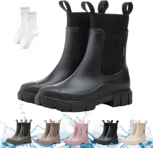 Waterproof Non-Slip Thick Sole Mid-Calf Boots, Ankle Rain Boots for Women, Outdoor Garden Rain Shoes Elastic Mouth Slip-On Soft Outsole Rain Boots(Black,US 7)