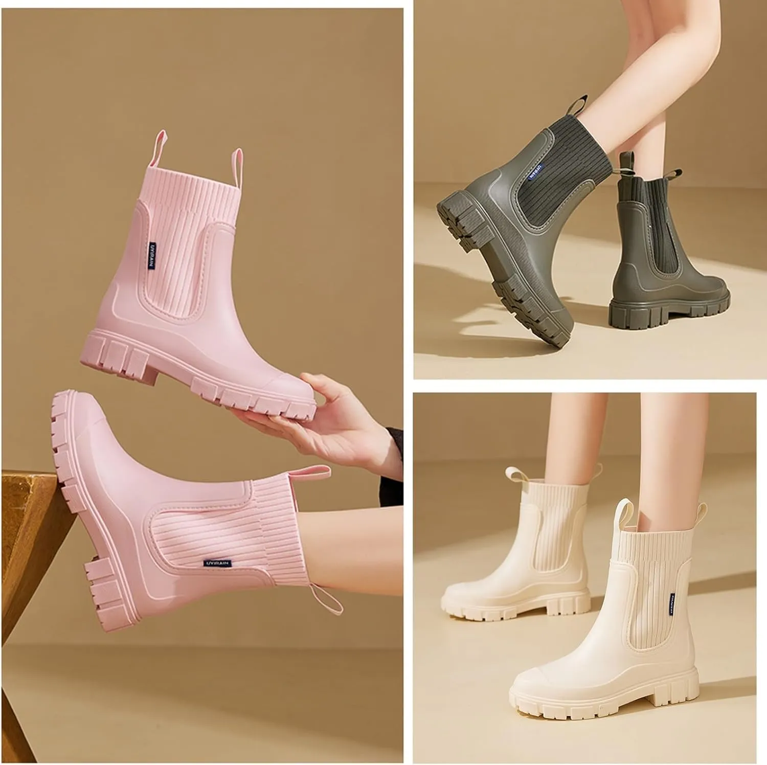 Waterproof Non-Slip Thick Sole Mid-Calf Boots, Ankle Rain Boots for Women, Outdoor Garden Rain Shoes Elastic Mouth Slip-On Soft Outsole Rain Boots(Black,US 7)