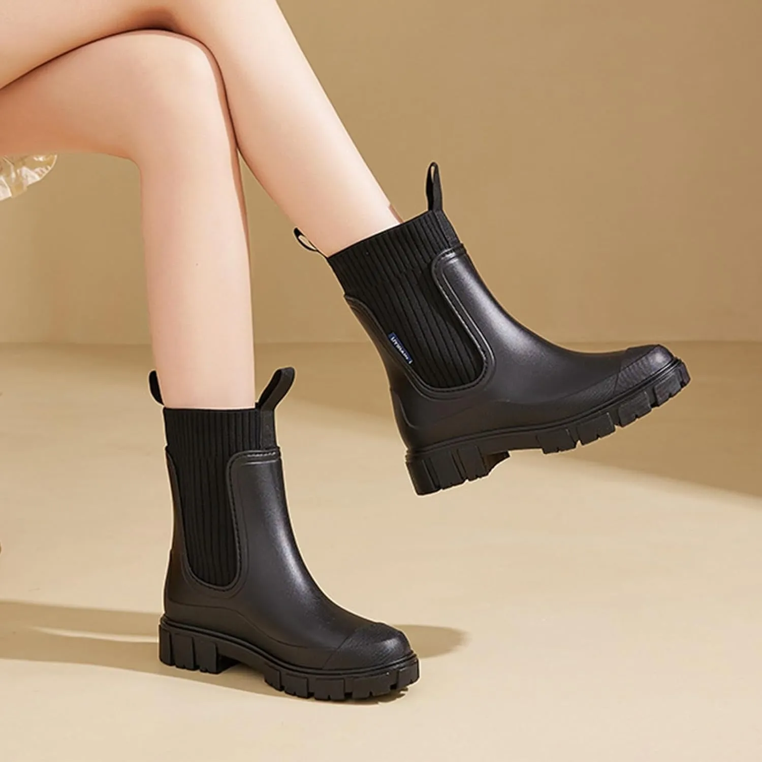 Waterproof Non-Slip Thick Sole Mid-Calf Boots, Ankle Rain Boots for Women, Outdoor Garden Rain Shoes Elastic Mouth Slip-On Soft Outsole Rain Boots(Black,US 8)