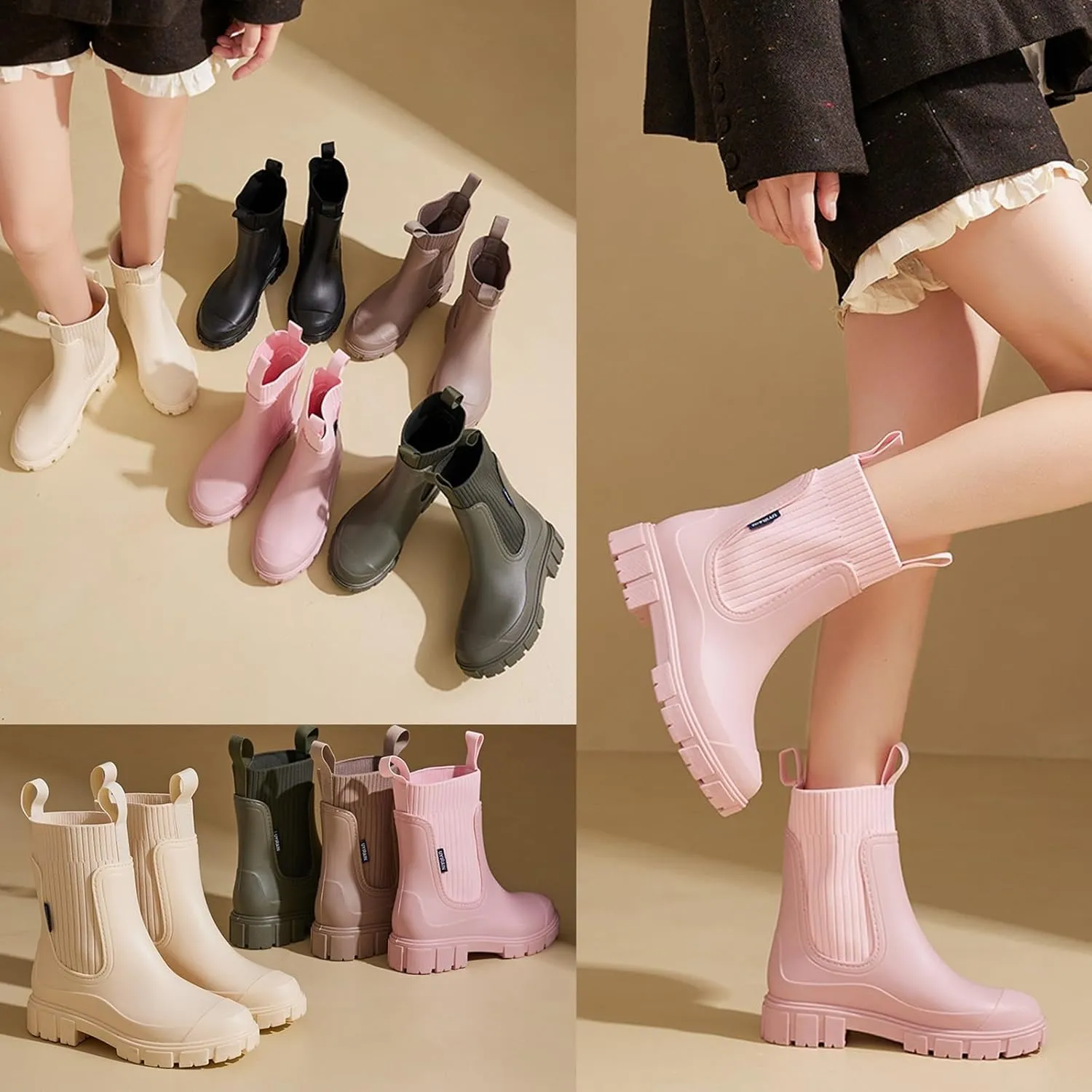 Waterproof Non-Slip Thick Sole Mid-Calf Boots, Ankle Rain Boots for Women, Outdoor Garden Rain Shoes Elastic Mouth Slip-On Soft Outsole Rain Boots(Black,US 8)