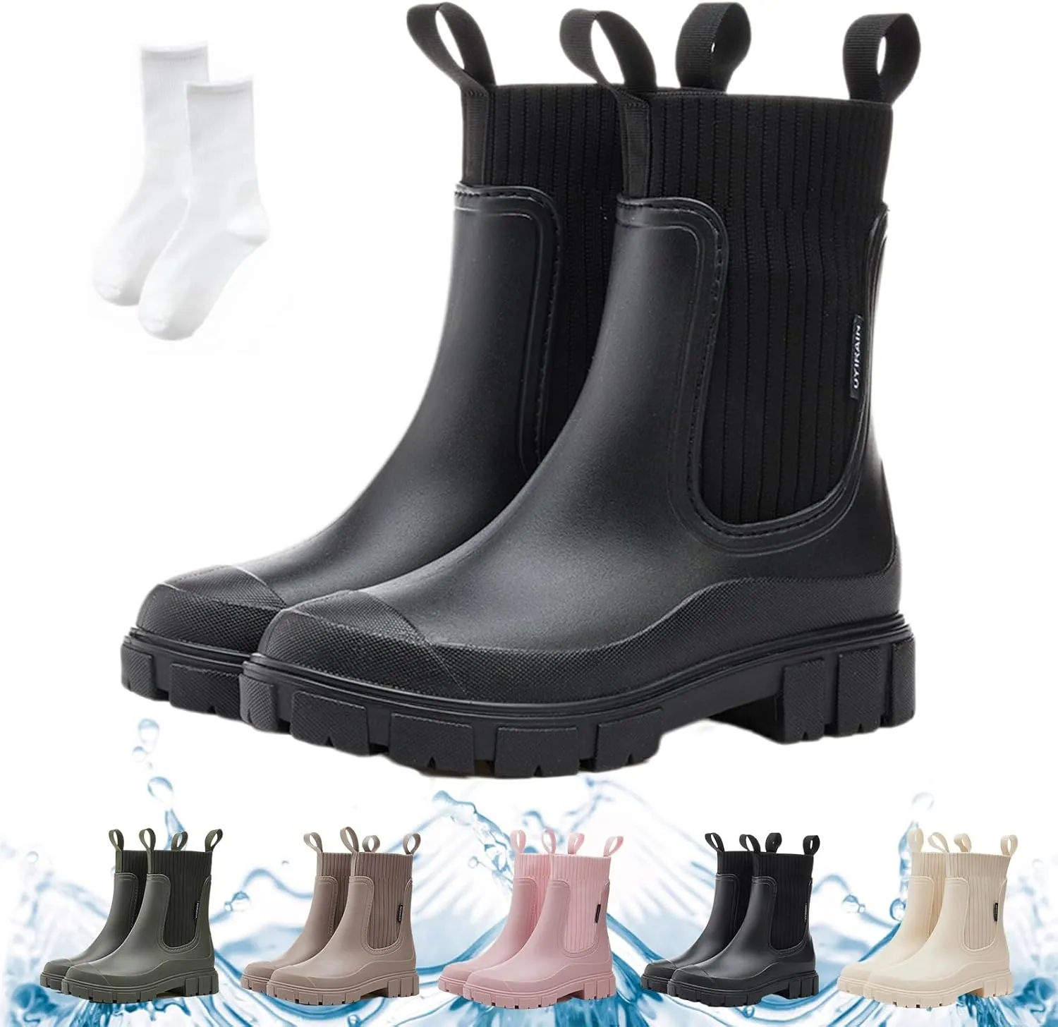 Waterproof Non-Slip Thick Sole Mid-Calf Boots, Ankle Rain Boots for Women, Outdoor Garden Rain Shoes Elastic Mouth Slip-On Soft Outsole Rain Boots(Black,US 8)