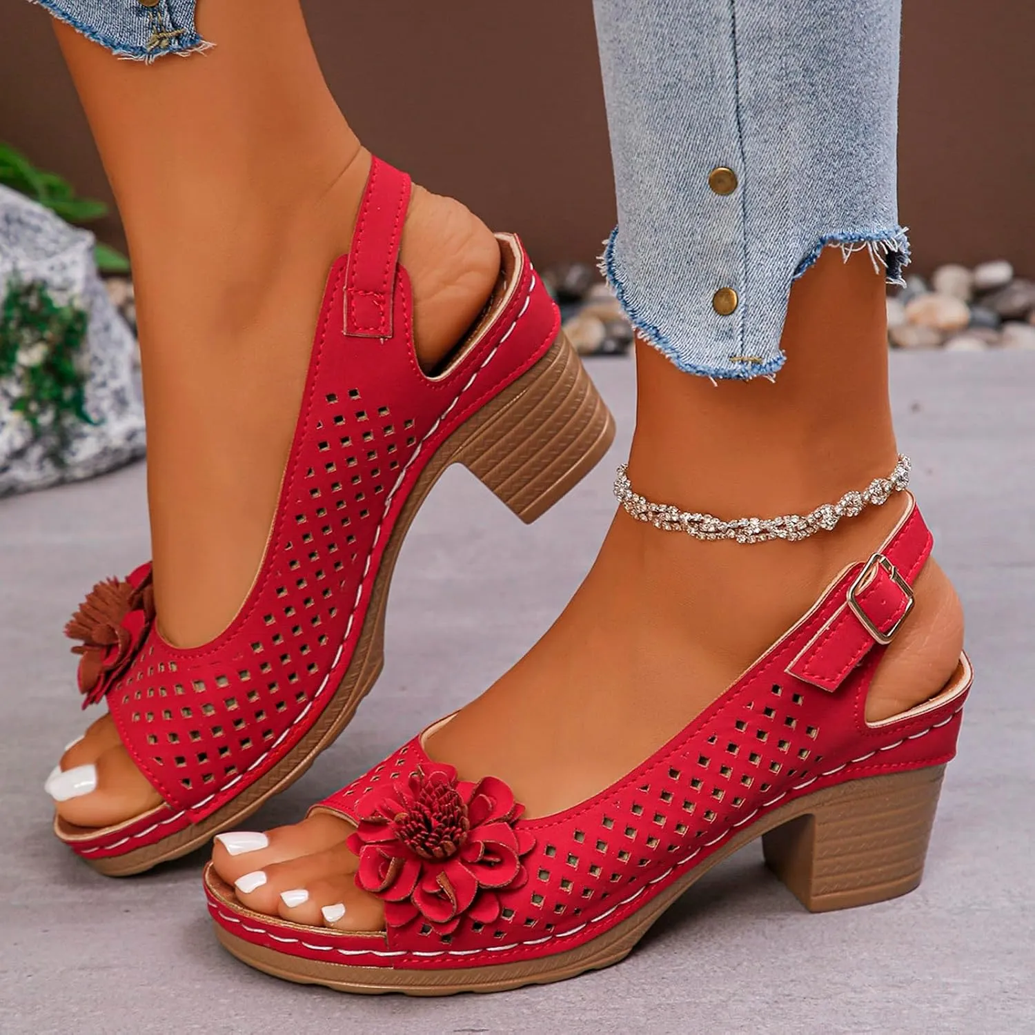 Womens Chunky High Block Heels Fish Mouth Flowers Sandals 2025 Summer Casual Ankle Strap Hollow Out Platform Wedge Sandal