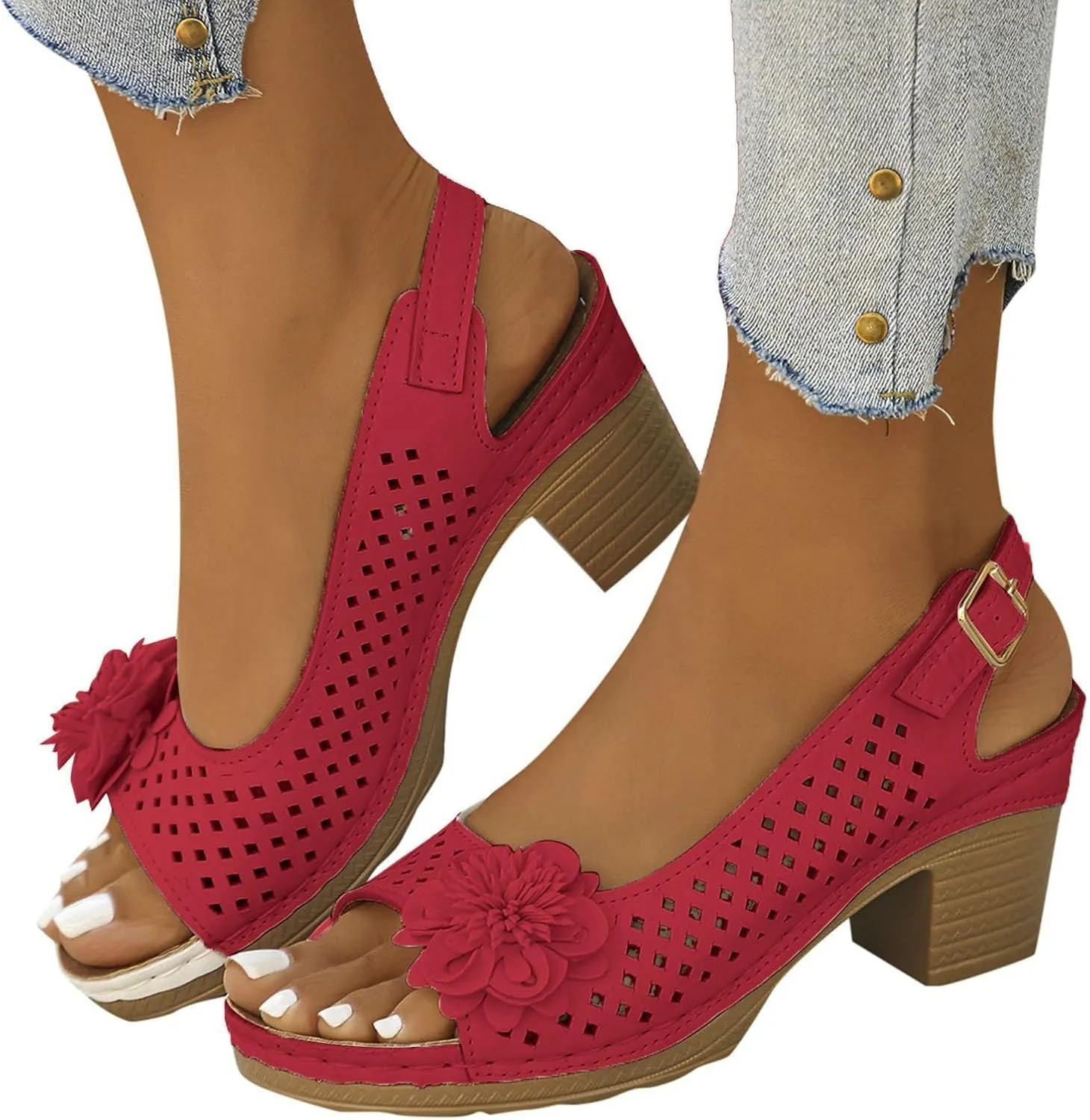 Womens Chunky High Block Heels Fish Mouth Flowers Sandals 2025 Summer Casual Ankle Strap Hollow Out Platform Wedge Sandal