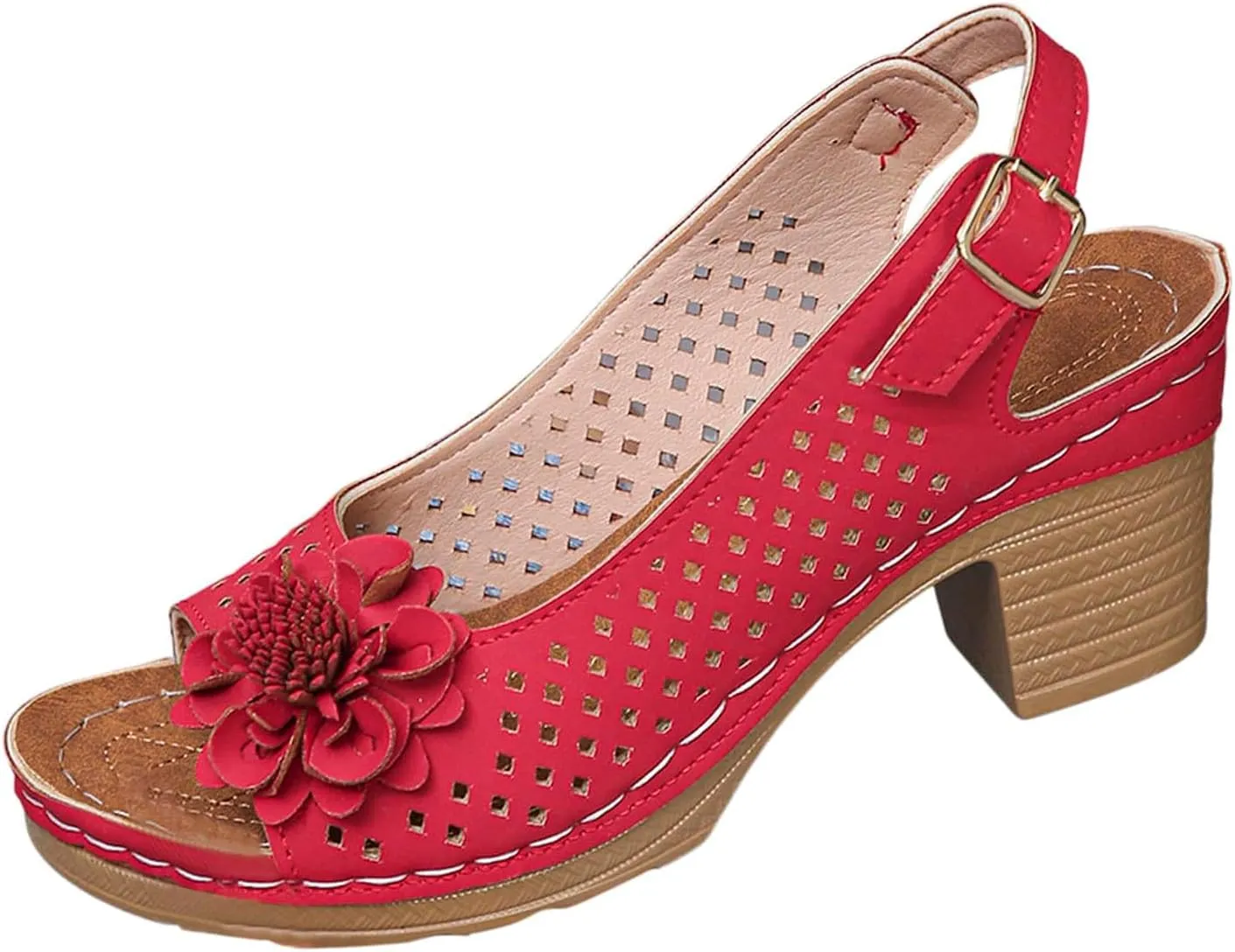 Womens Chunky High Block Heels Fish Mouth Flowers Sandals 2025 Summer Casual Ankle Strap Hollow Out Platform Wedge Sandal