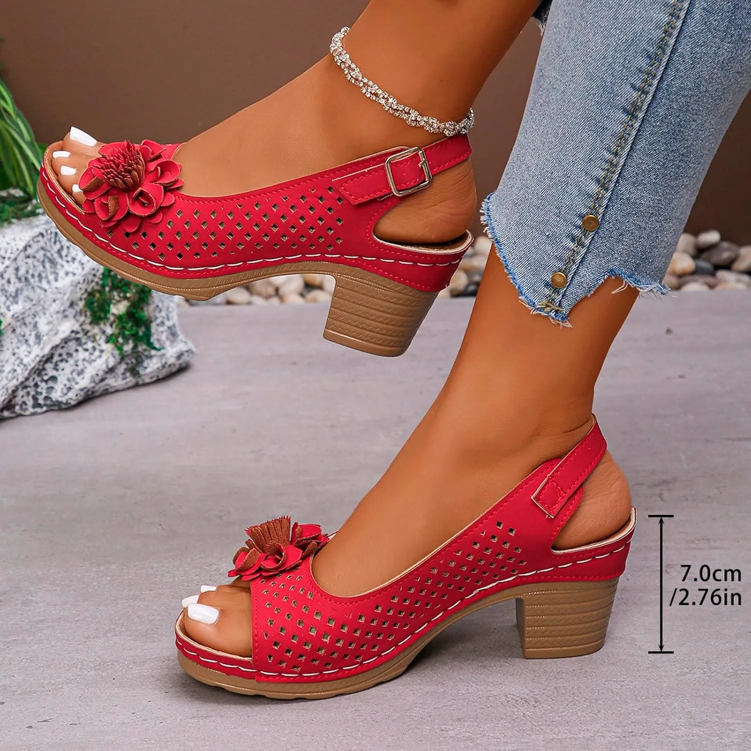 Womens Chunky High Block Heels Fish Mouth Flowers Sandals 2025 Summer Casual Ankle Strap Hollow Out Platform Wedge Sandal
