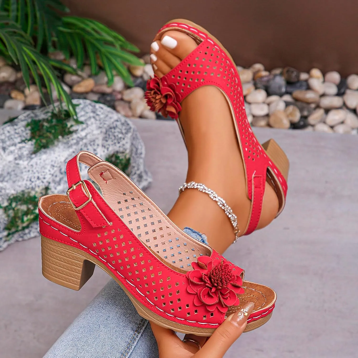 Womens Chunky High Block Heels Fish Mouth Flowers Sandals 2025 Summer Casual Ankle Strap Hollow Out Platform Wedge Sandal