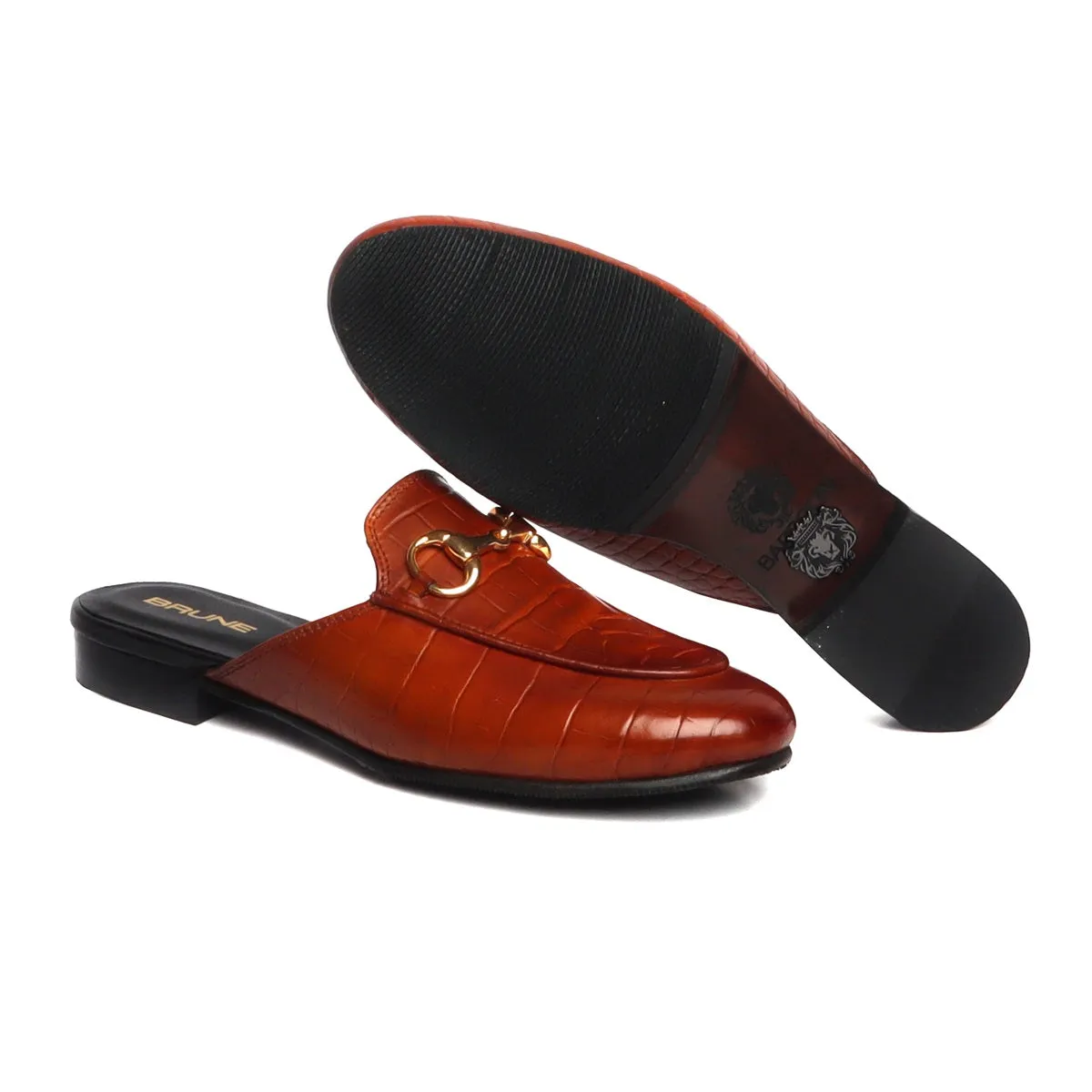 Women's Horsebit Croco Leather Tan Mules (SUMMER SPECIAL) BY BRUNE & BARESKIN