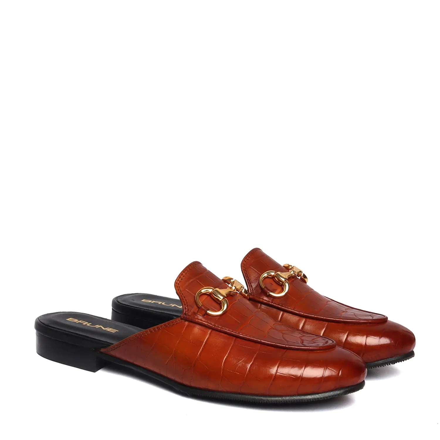 Women's Horsebit Croco Leather Tan Mules (SUMMER SPECIAL) BY BRUNE & BARESKIN