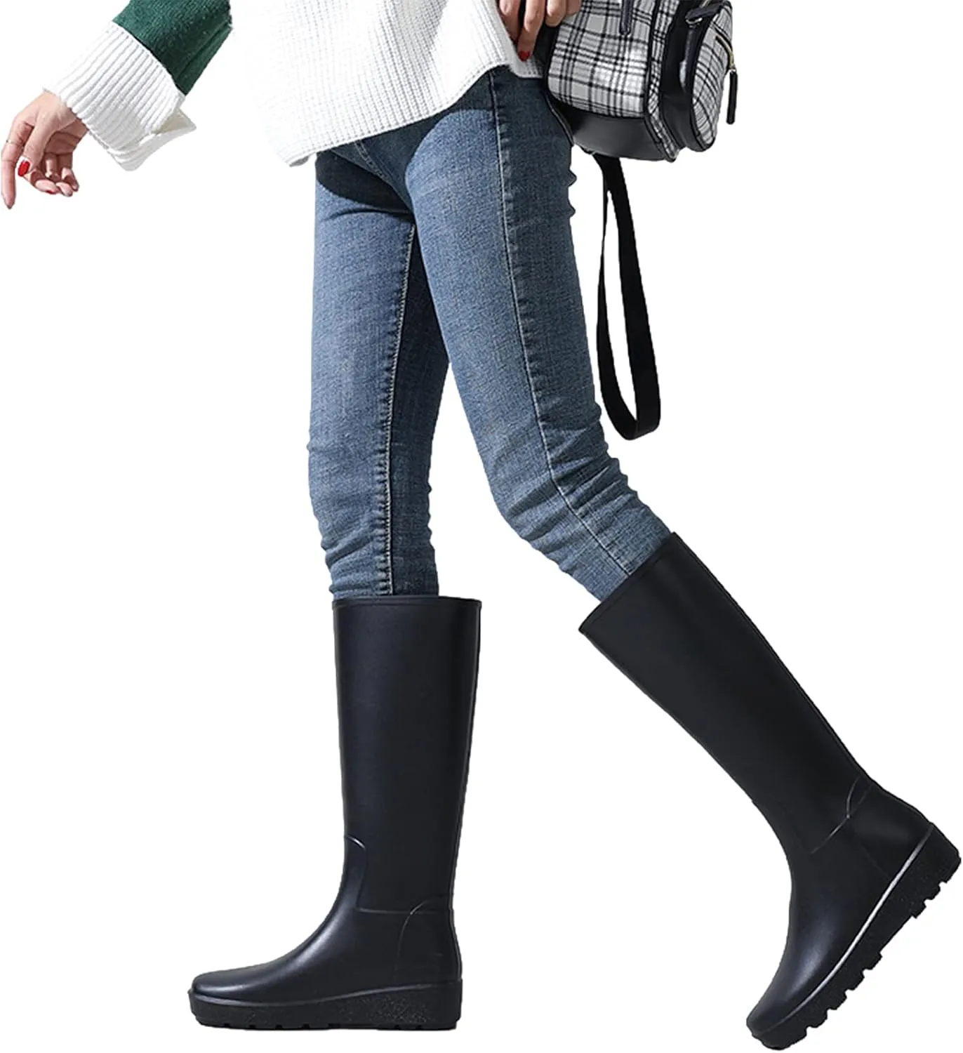 Women's Knee High Wedge Heel Waterproof Slip-On Rain Boots