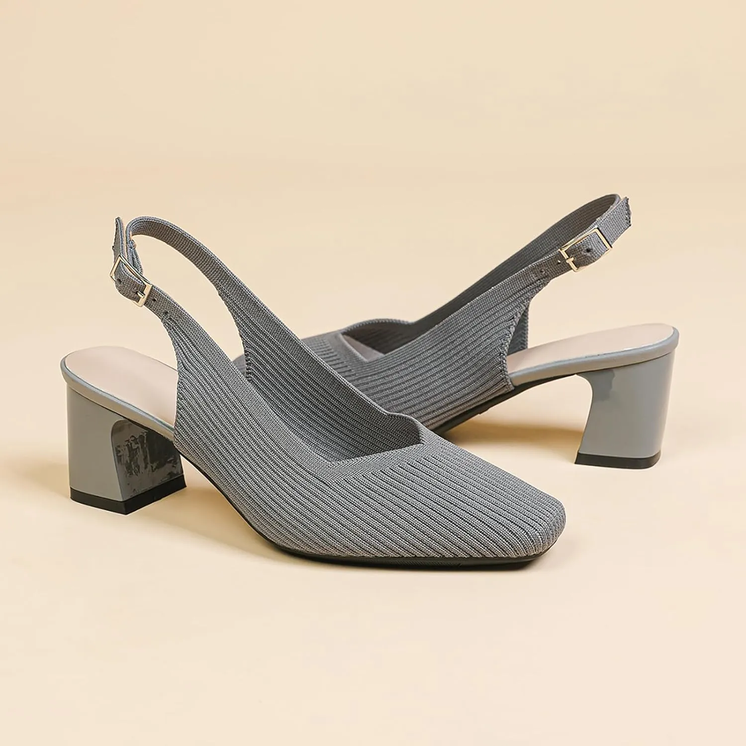 Women's Knit Slingback Heels Pumps with Adjust Ankle Strap Fashion Breathable Closed Square Toe Chunky Heel Mules Sandals Work Office Wedding Dressy Shoes