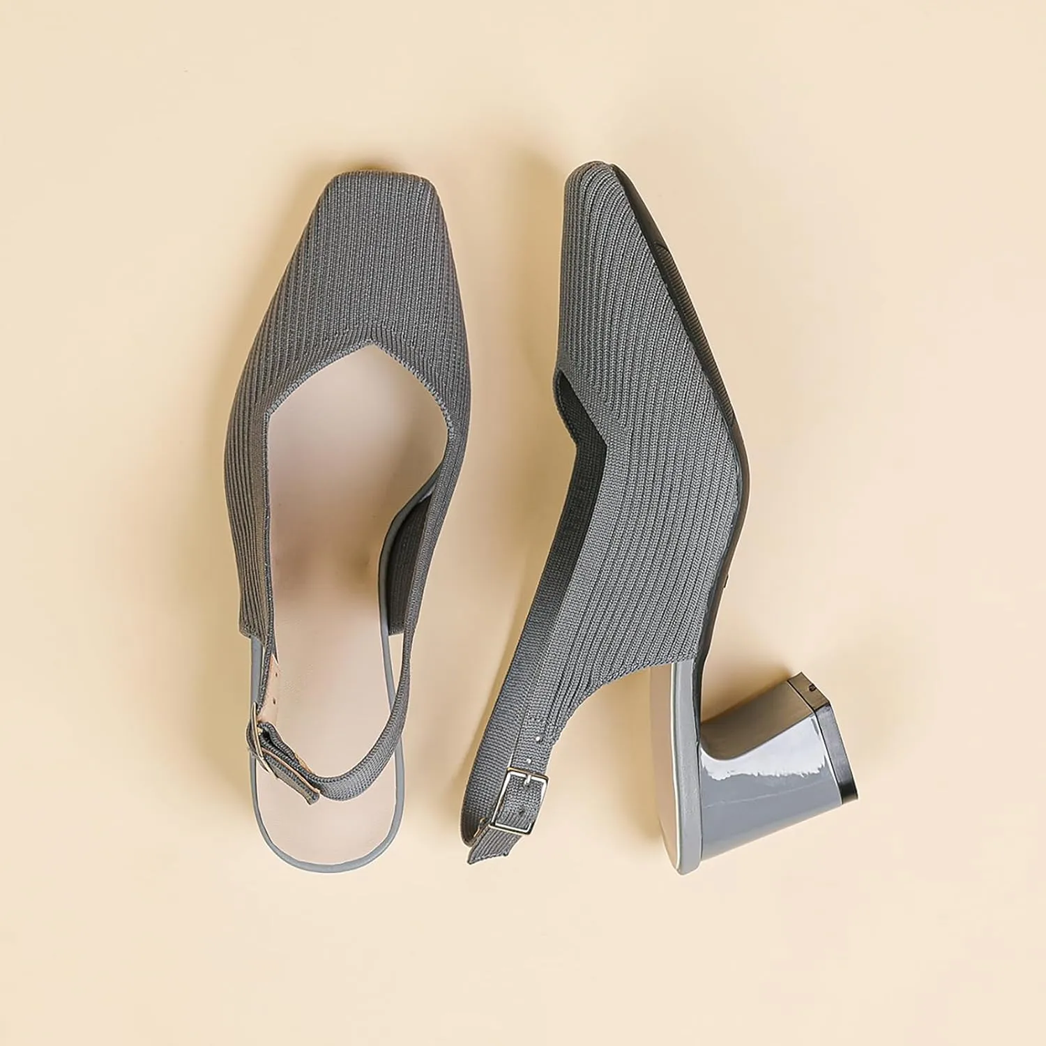 Women's Knit Slingback Heels Pumps with Adjust Ankle Strap Fashion Breathable Closed Square Toe Chunky Heel Mules Sandals Work Office Wedding Dressy Shoes