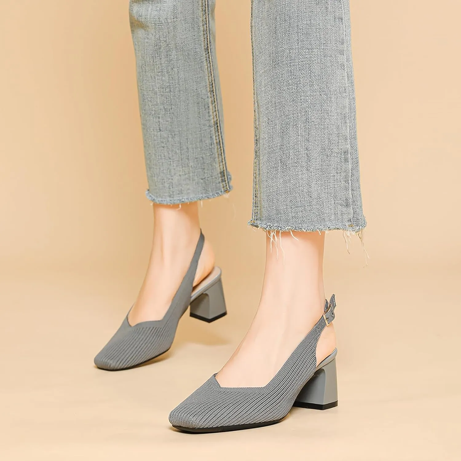Women's Knit Slingback Heels Pumps with Adjust Ankle Strap Fashion Breathable Closed Square Toe Chunky Heel Mules Sandals Work Office Wedding Dressy Shoes