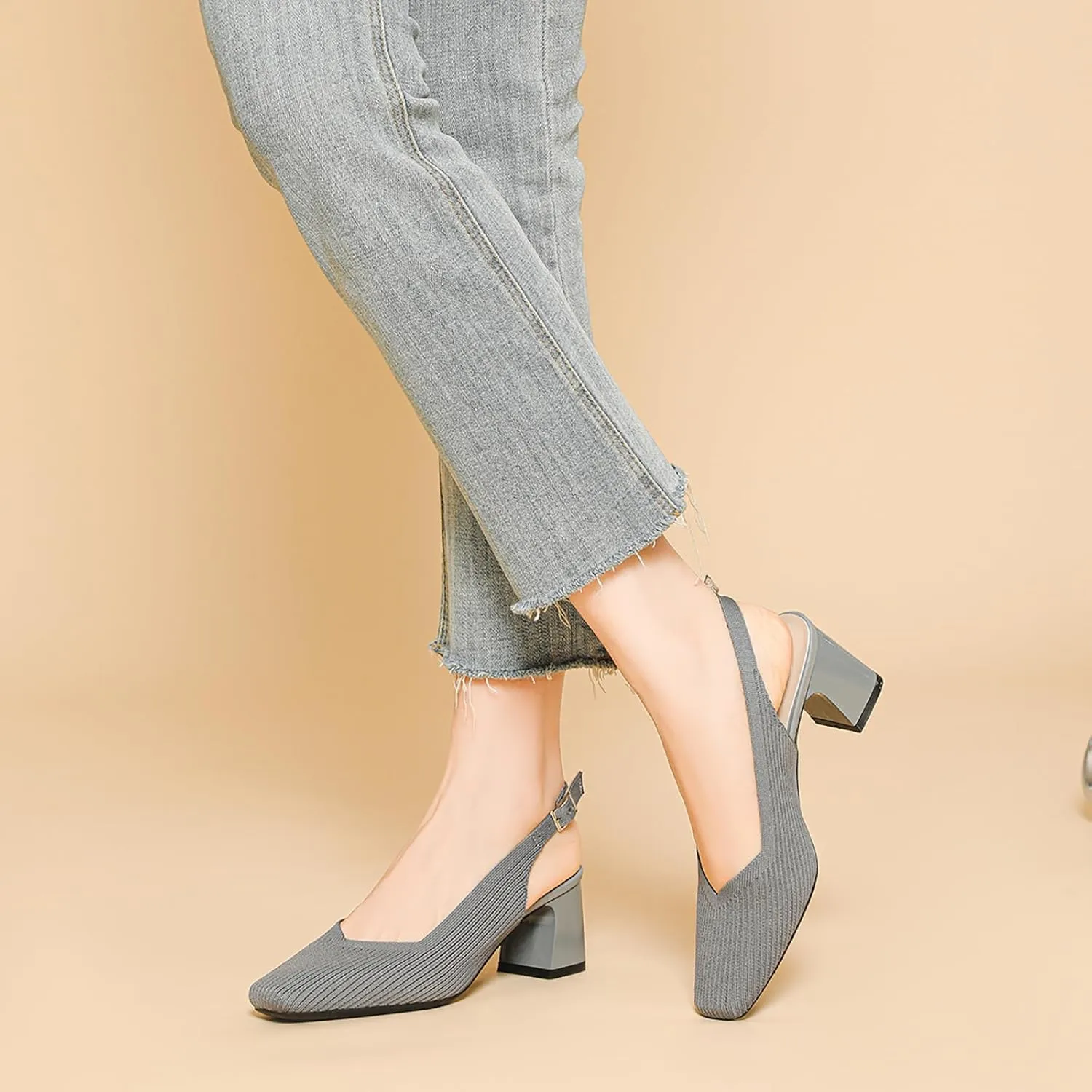 Women's Knit Slingback Heels Pumps with Adjust Ankle Strap Fashion Breathable Closed Square Toe Chunky Heel Mules Sandals Work Office Wedding Dressy Shoes