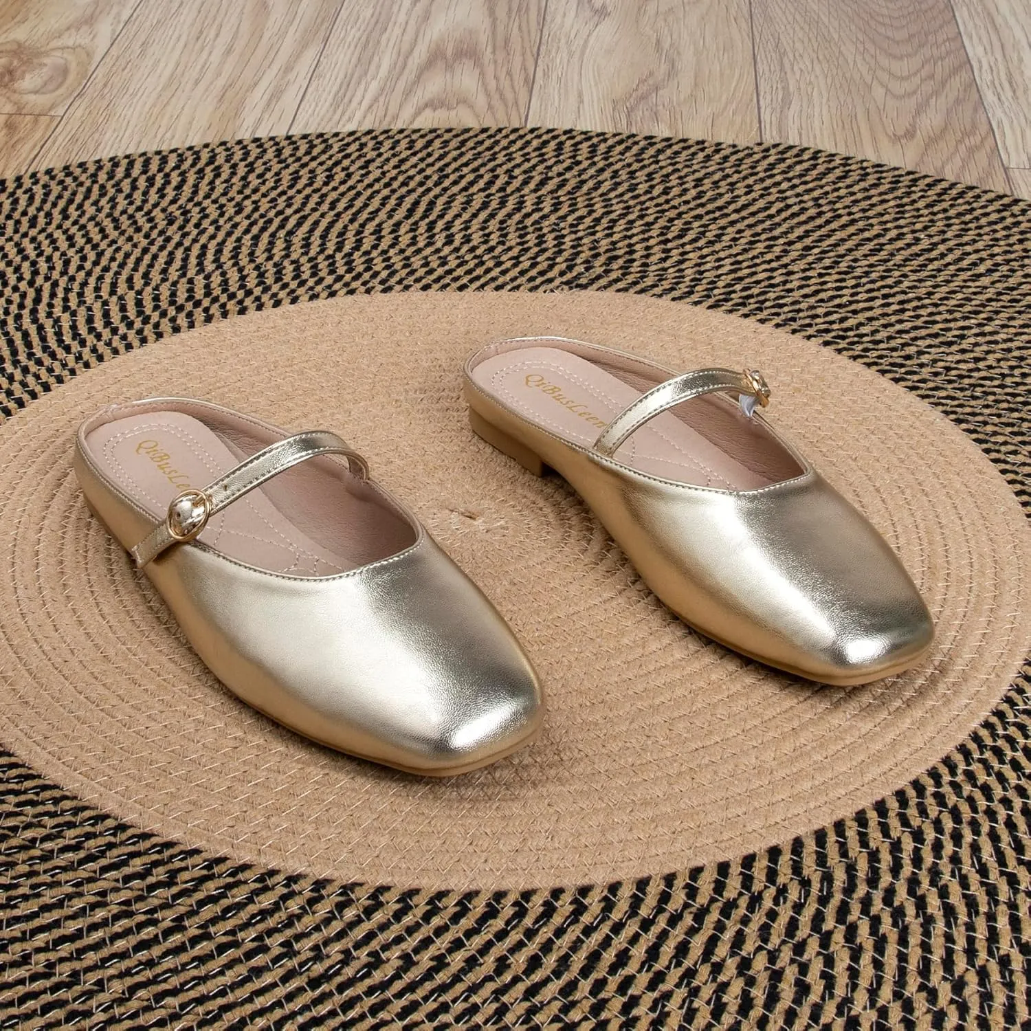 Women's Leather Dress Mules Flats Backless Gold Slip On Shoes for Women Closed Square Toe Comfortable Casual Mary Jane Flat Mules with Strap