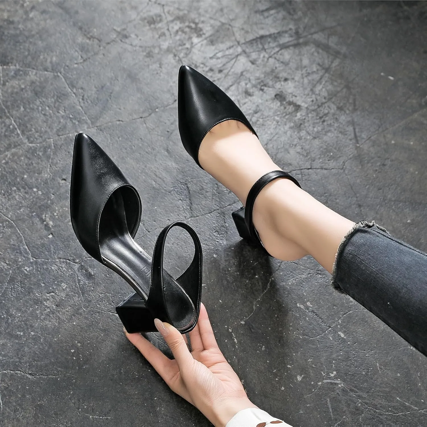 Women'S Leather Pointed Closed Toe Block Heel Mules Fashion Casual Slip On Comfort Cutout Backless Heeled Dress Slide Sandals For Office Party Wedding Prom Daily Wear