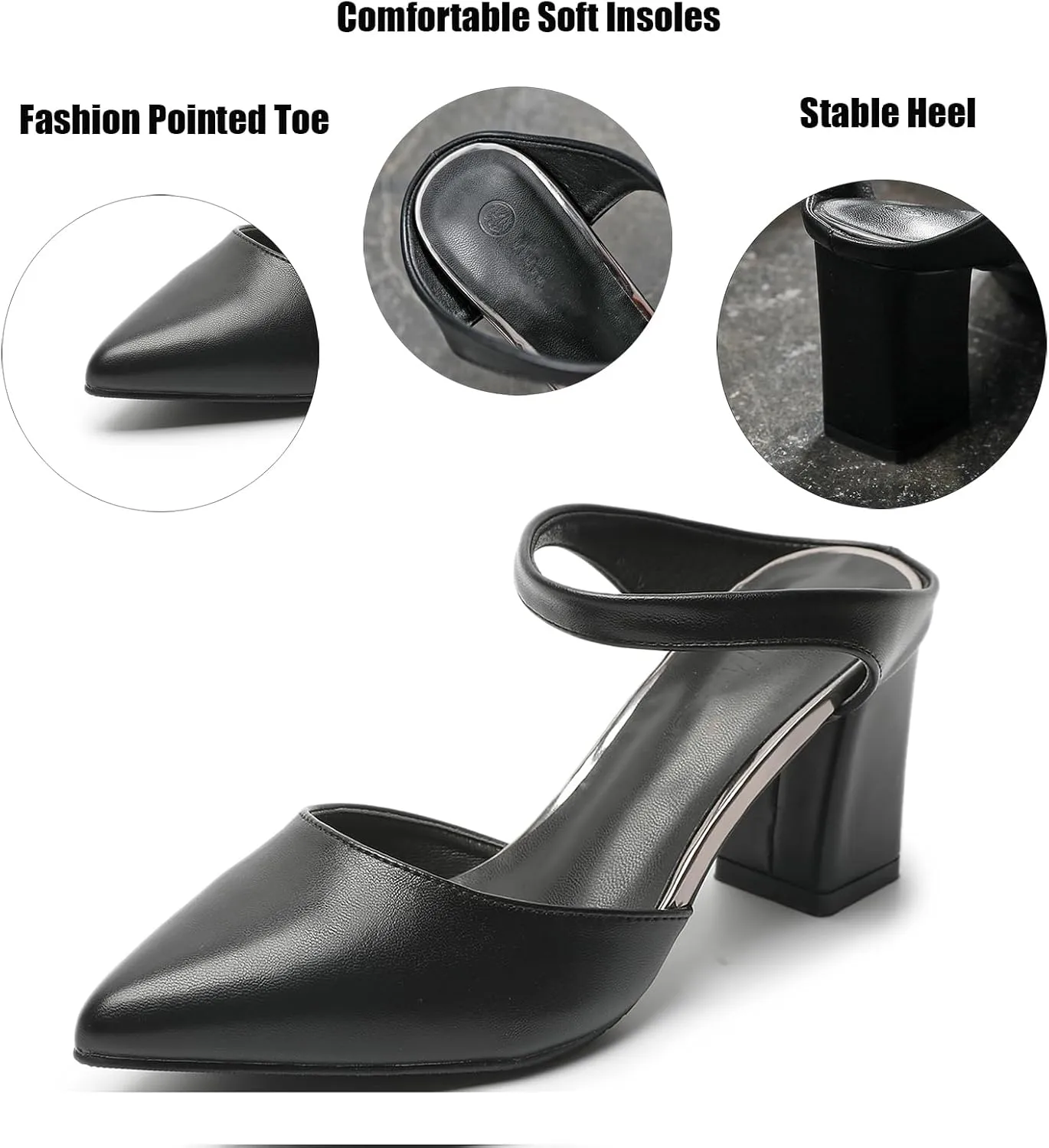 Women'S Leather Pointed Closed Toe Block Heel Mules Fashion Casual Slip On Comfort Cutout Backless Heeled Dress Slide Sandals For Office Party Wedding Prom Daily Wear