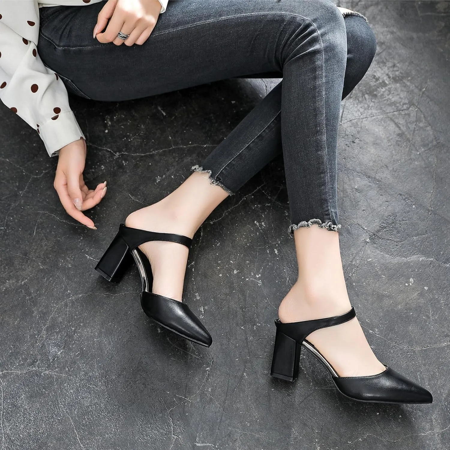 Women'S Leather Pointed Closed Toe Block Heel Mules Fashion Casual Slip On Comfort Cutout Backless Heeled Dress Slide Sandals For Office Party Wedding Prom Daily Wear