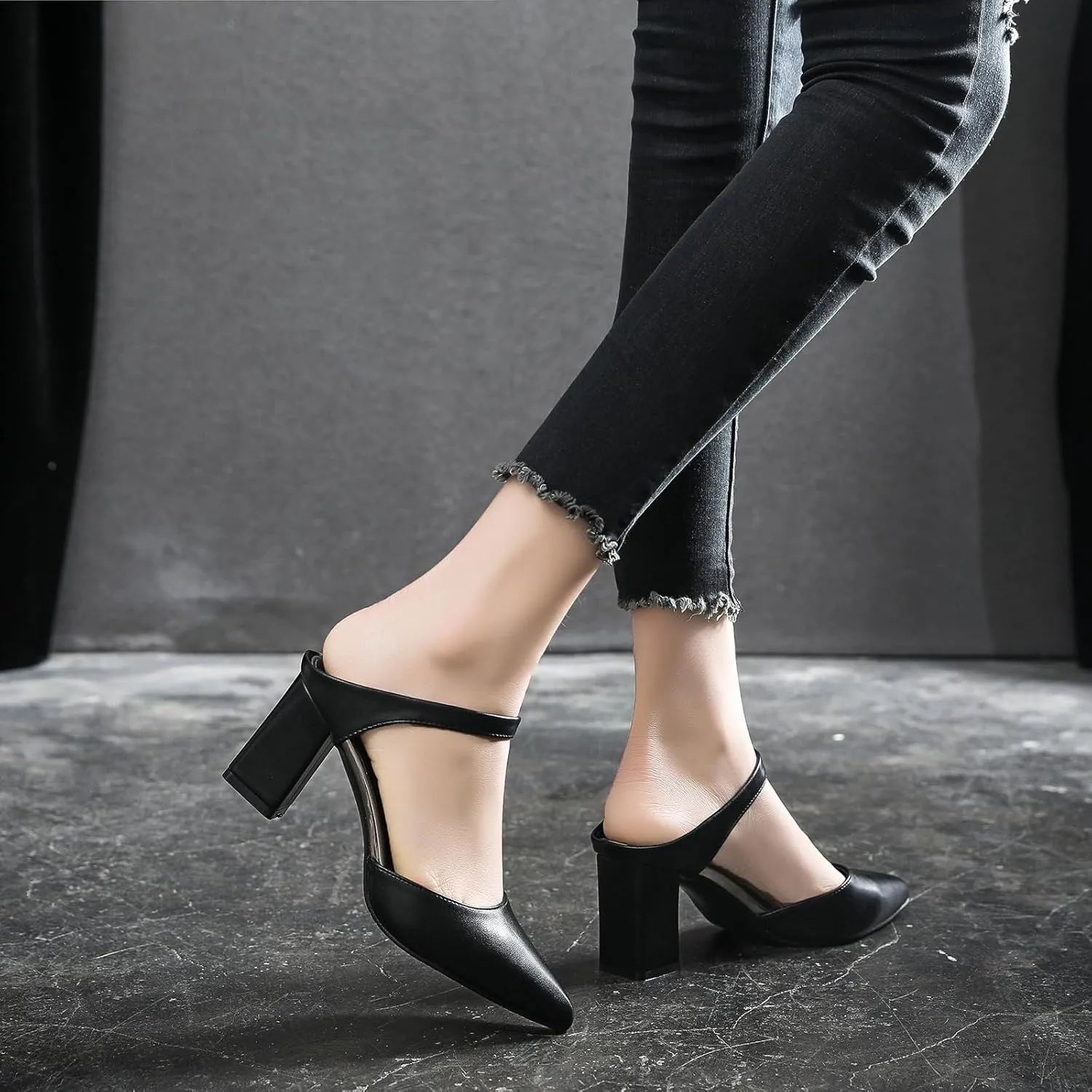 Women'S Leather Pointed Closed Toe Block Heel Mules Fashion Casual Slip On Comfort Cutout Backless Heeled Dress Slide Sandals For Office Party Wedding Prom Daily Wear
