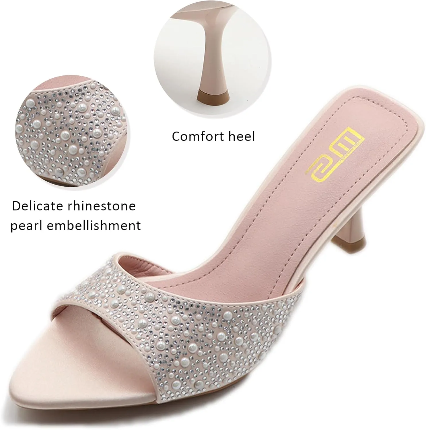 Women's Pearl Rhinestone Kitten Heel Mules Slide Sandals Sexy Pointed Toe Backless Comfort Slip on Anti-slip Stiletto Heels Sandals for Summer Party Dress
