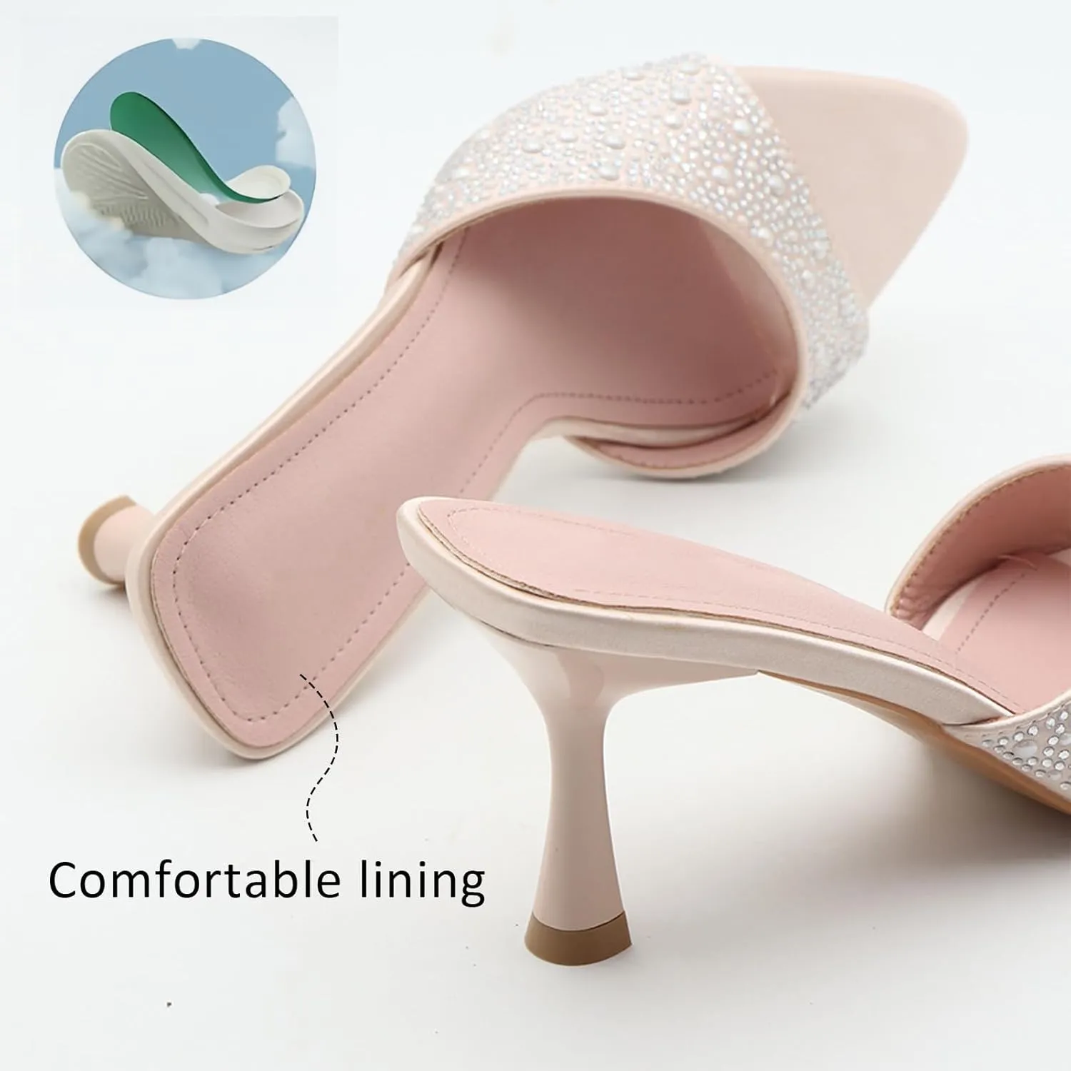 Women's Pearl Rhinestone Kitten Heel Mules Slide Sandals Sexy Pointed Toe Backless Comfort Slip on Anti-slip Stiletto Heels Sandals for Summer Party Dress